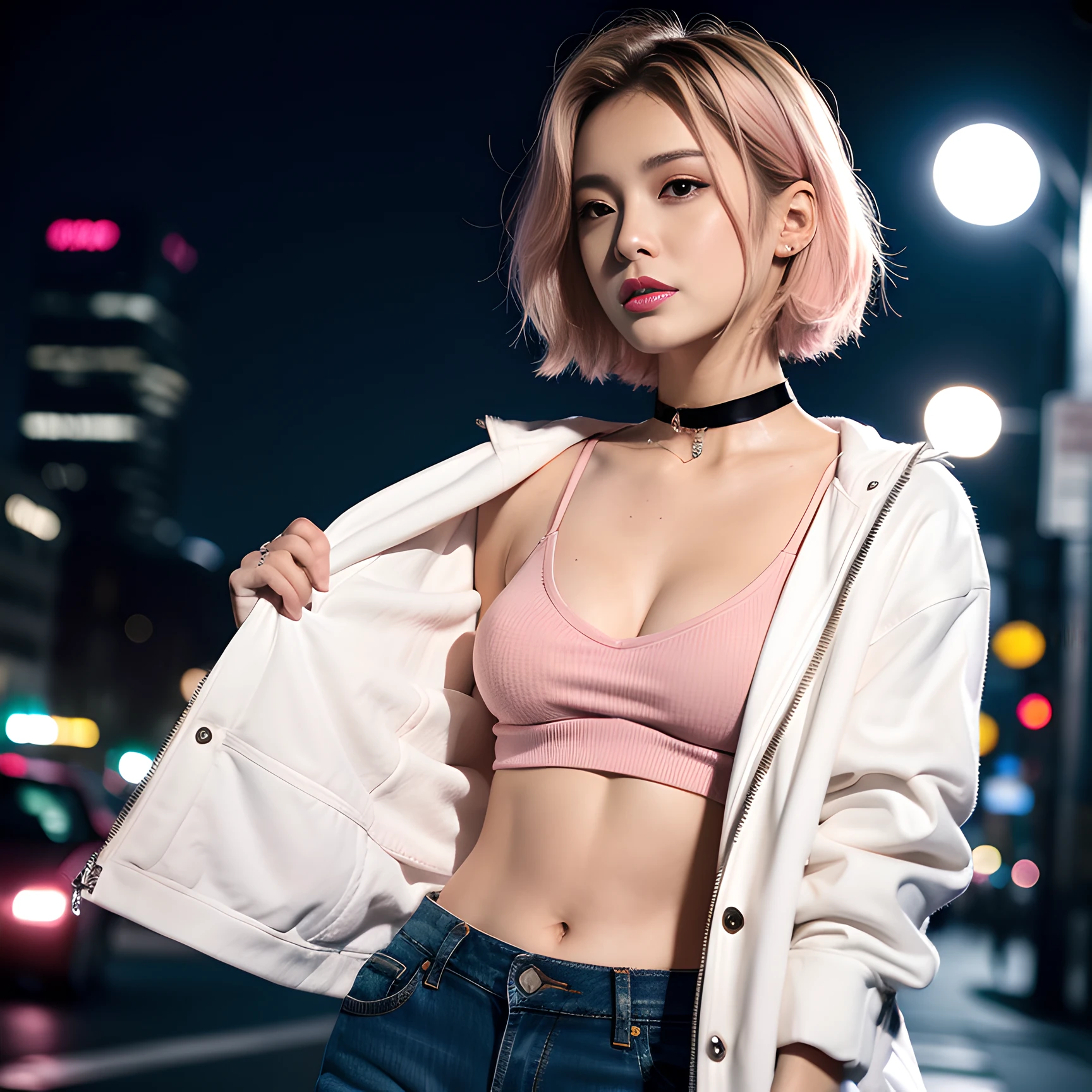(masterpiece, best quality:1.4), (beautiful, aesthetic, perfect, delicate, intricate:1.2), (cute, adorable), (depth of field:1.2), dramatic lighting, vivid colors, colorful, sexy looking, perfect female form, (perfect face, glossy pink lips, expressive eyes, eyeliner, eyeshadow, blush), short blonde hair, (natural breasts, narrow waists), navel, midriff, (black tanktop), (jeans panties), (white jacket), choker, (tokio aesthetics, city streets), (at night:1.4),