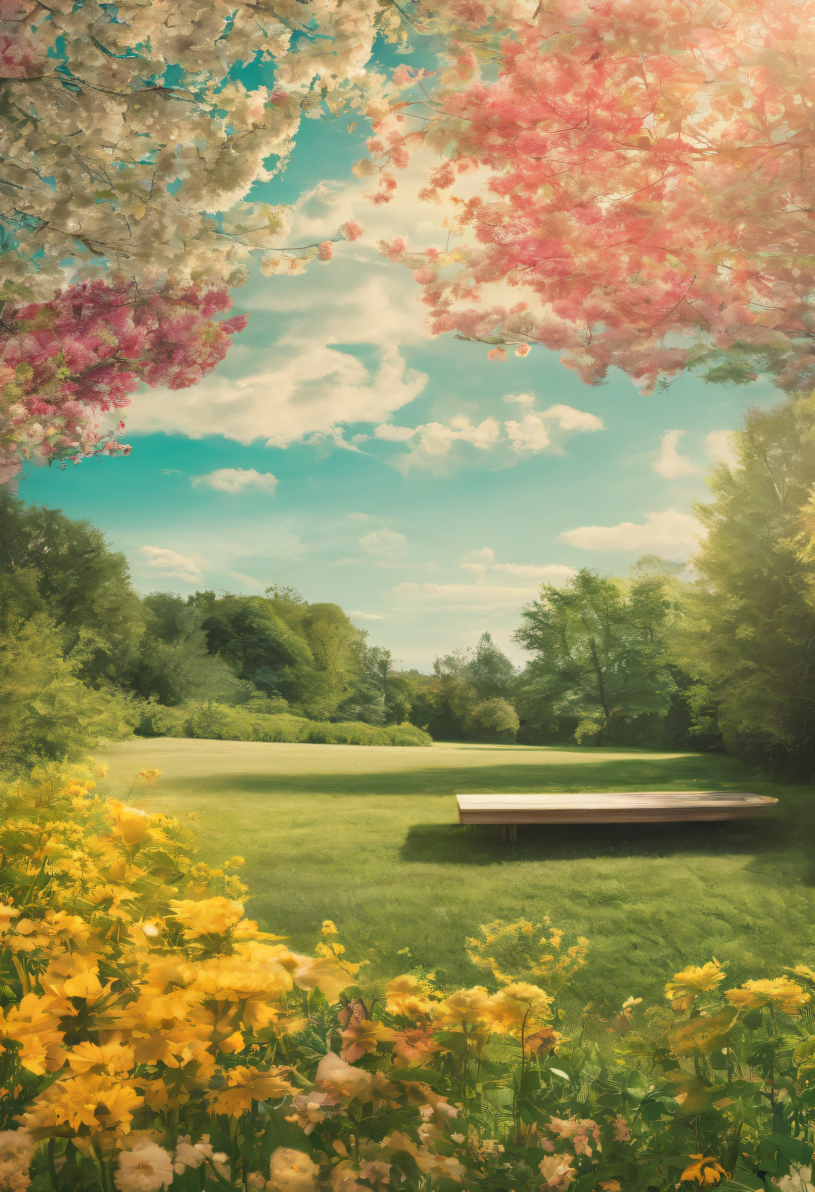 Real Photographics, Photography, 65° viewing angle, real light and shadow, plein air, close-up, lawn, A clear day, simple background, Flowers, Trees, realistic detail, 8K high-definition images, Circular platform::2,