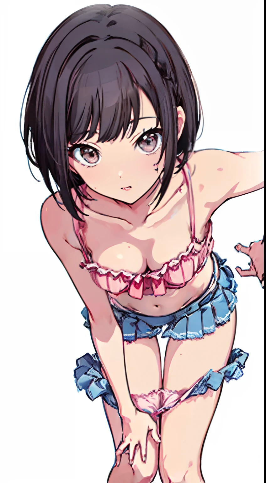 (Light blue camisole　Pull up the skirt to show pink panties　The bra is visible　Gravure Pose　Very detailed down to the smallest detail　clear outlines　Beautiful face　Beautiful skin)  thin-waist　A slender　ribbed　skinny limbs　teats　cleavage of the breast　Beautiful breasts　a short bob　Uterine mouth　Beautiful fingertips　Anime style