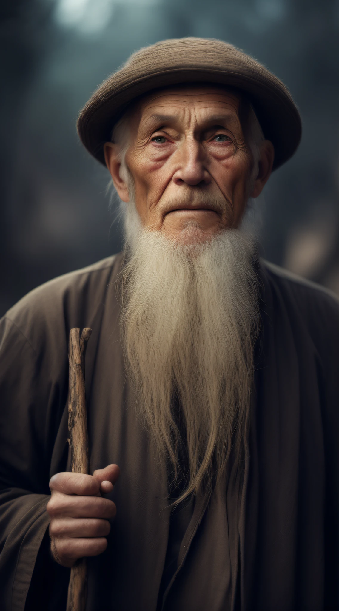 with a long beard,An Arafeld man wearing a hat with a stick, An old man, old man portrait, sharp looking portrait, peaceful expression, Wise old man, stunning portrait, Beautiful portrait, portrait photo of an old man, old man, a old man, Serene expression, portrait of monk, of an old man, Portrait of an old man, Perfectly centered portrait