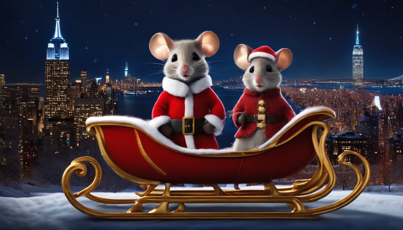 cute mouse in red sweater, sitting next to santa claus in his sleigh, the nightime new york city skyline in the background