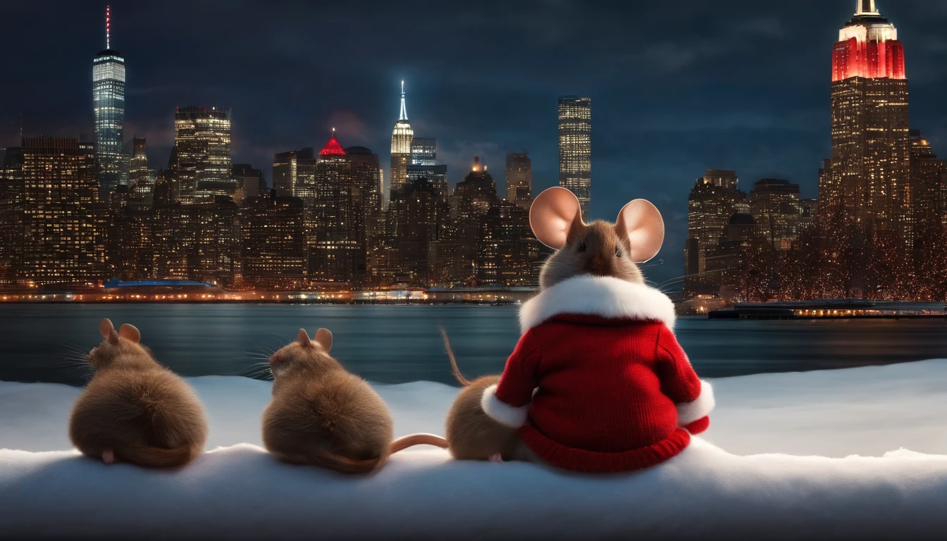 cute mouse in red sweater, sitting next to santa claus in his sleigh, the nightime new york city skyline in the background