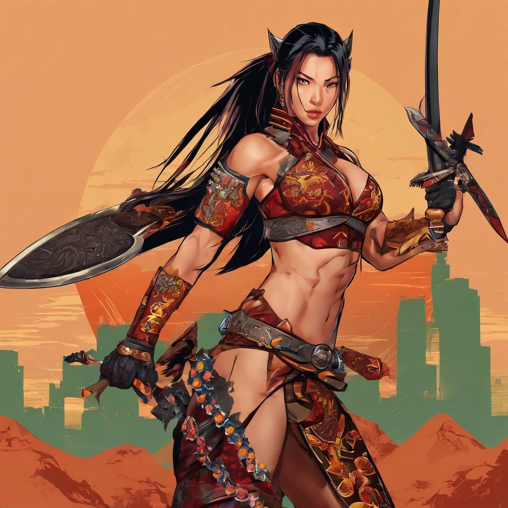 (((woman))), (((best quality))), ((( Japanese ))), (((AS-Adult))), A beautiful asian samurai warrior woman with perfect body, in battle field, Modern samurai, ((( Asian))), Wear gloves on your hands,The left arm is made of steel and metal tips,Made of protective devices, Urban wilderness,For high-resolution posters, hair straight, sexy leather full body armor, Full of tips and rivets, tribal tattoos, Straight brunette hair,Colored hair ends, High definition, close-up at 10' distance