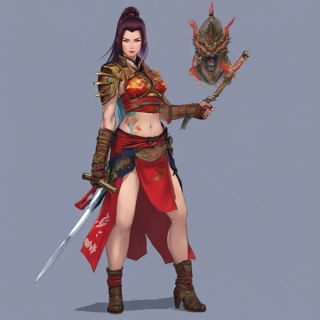 (((woman))), (((best quality))), ((( Japanese ))), (((AS-Adult))), A beautiful asian samurai warrior woman with perfect body, in battle field, Modern samurai, ((( Asian))), Wear gloves on your hands，The left arm is made of steel and metal tips，Made of protective devices,  Urban wilderness，For high-resolution posters, hair straight, sexy leather full body armor, Full of tips and rivets, tribal tattoos, Straight brunette hair，Colored hair ends, High definition, close-up at 10' distance