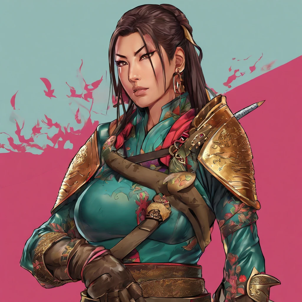 (((woman))), (((best quality))), ((( Japanese ))), (((AS-Adult))), A beautiful asian samurai warrior woman with perfect body, in battle field, Modern samurai, ((( Asian))), Wear gloves on your hands,The left arm is made of steel and metal tips,Made of protective devices, Urban wilderness,For high-resolution posters, hair straight, sexy leather full body armor, Full of tips and rivets, tribal tattoos, Straight brunette hair,Colored hair ends, High definition, close-up at 10' distance