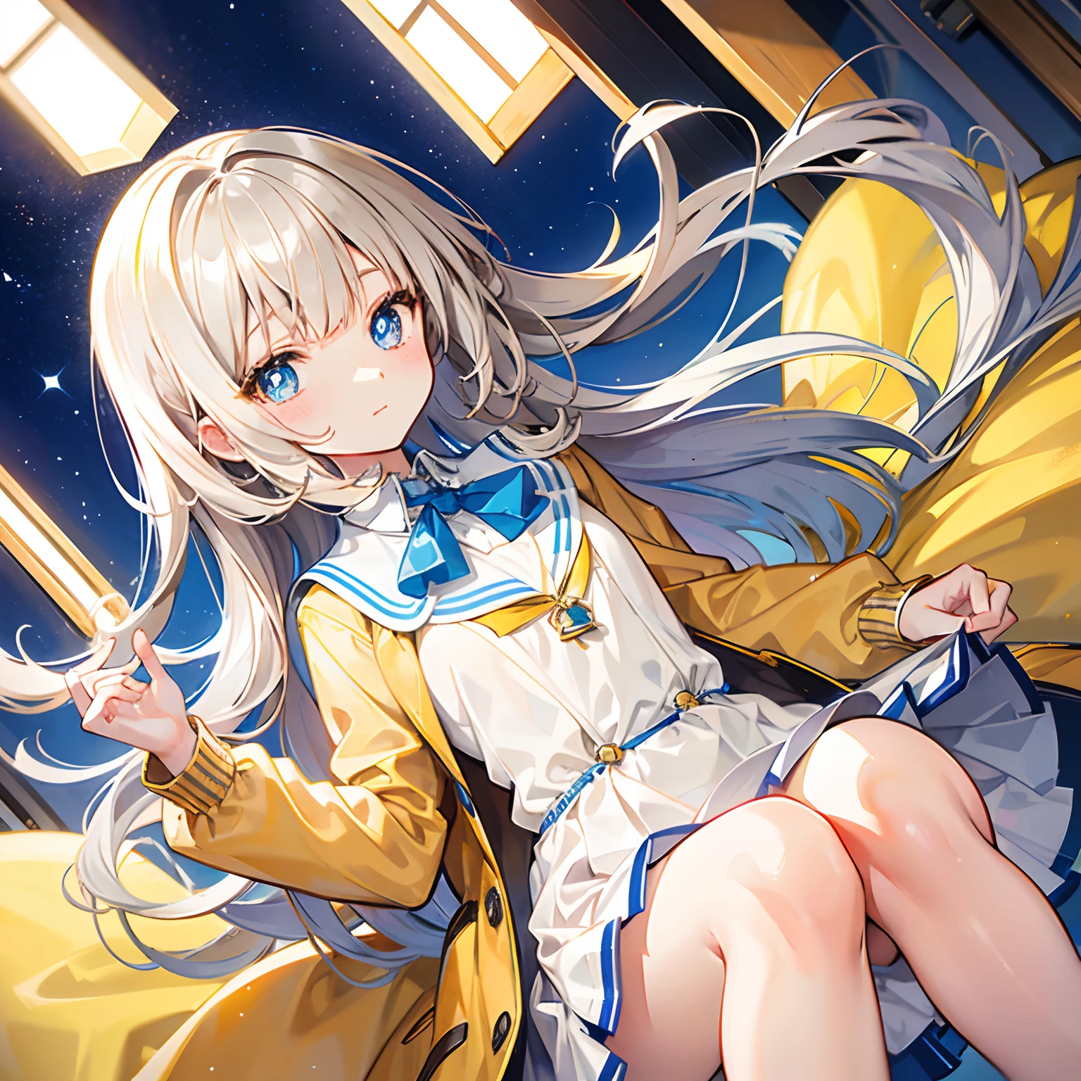 Glowing light brownish yellow with hair and pupils，Blue and white school uniforms，With a silver crystal pendant，Sweet  girl，The whole is shining