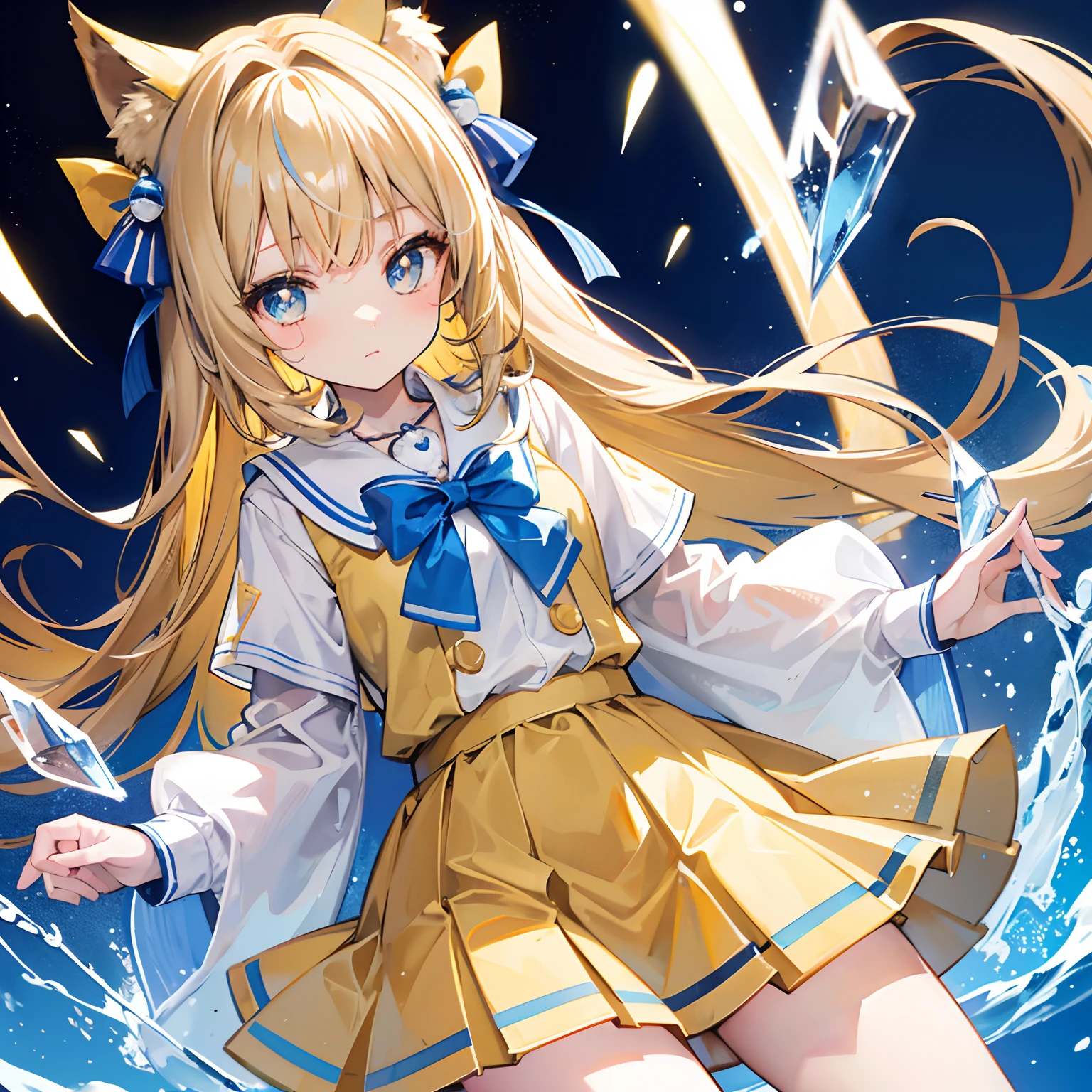 Glowing light brownish yellow with hair and pupils,Blue and white school uniforms,With a silver crystal pendant,Sweet girl,The whole is shining