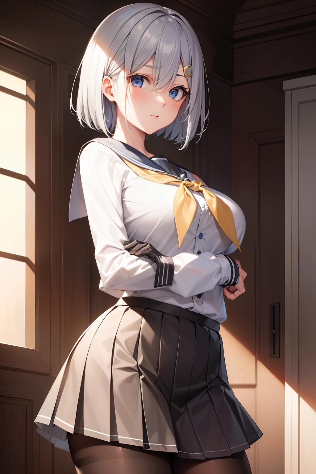 Hamakaze, Hamakaze, Blue eyes, Grey Hair, Hair Ornament, Hair over one eye, hair clips, Short hair, Short hair,BREAK black pantyhose, buttoning, gloves, grey sailor collar, grey skirt, hair clips, neckerchief, pantyhose, Pleated skirt, Sailor collar, School uniform, serafuku, Skirt, White Gloves, Yellow neckerchief,Naughty big、large full breasts、BREAK looking at viewer,Break indoors, crass room,BREAK (masutepiece:1.2), Best Quality, High resolution, Unity 8k壁纸, (Illustration:0.8), (Beautiful detailed eyes:1.6), extra detailed face, Perfect Lighting, extremely details CG, (Perfect hands, Perfect Anatomy),
