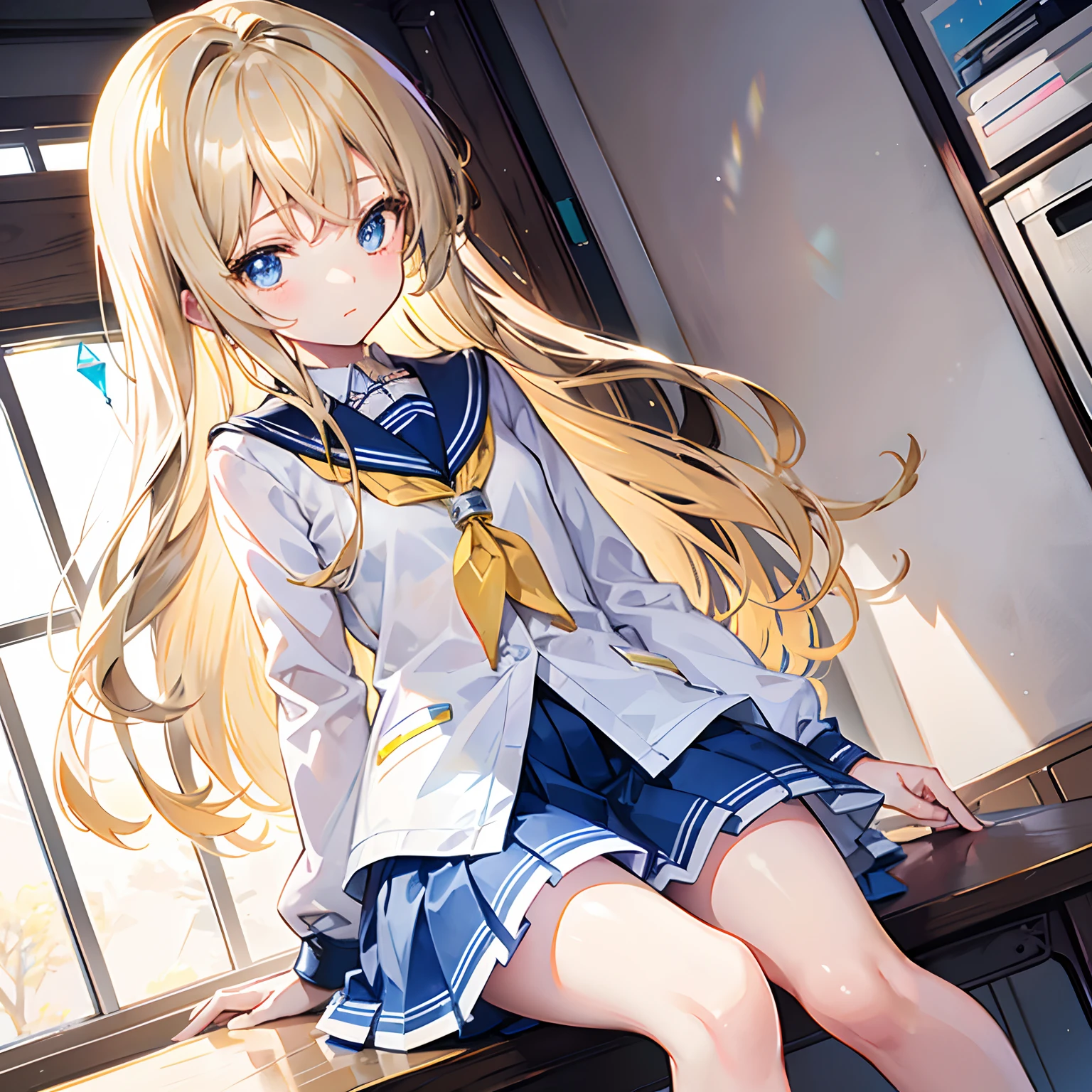 lease, blonde、long hair、cheerleader、pantyhose、Photo from below、medium chest、Bedroom、mini skirt