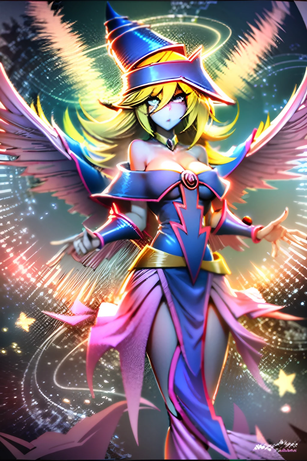 Dark magician girl angel:1 with a pale, luminous complexion, su piel aparentemente brilla con un resplandor de otro mundo. They are adorned with a pair of bright and elegant wings:2 que simbolizan su naturaleza divina. The scene is ethereal and charming, capturando la belleza y el misterio de estos seres celestiales. angel, pale, luminoso, tez, resplandeciente, de otro mundo, resplandor, chispeante, agraciado, alas, divino, ethereal, encantador, belleza, misterio.parte superior del cuerpo,