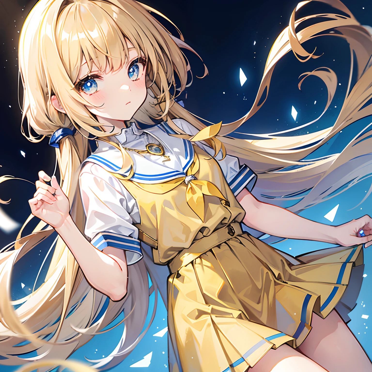 Glowing light brownish yellow with hair and pupils，Blue and white school uniforms，With a silver crystal pendant，Sweet  girl，The whole is shining