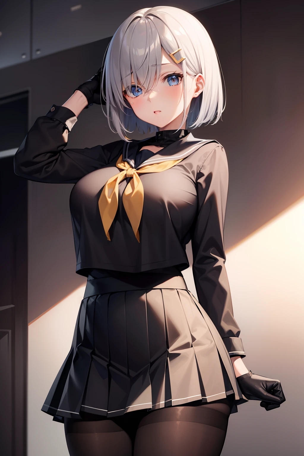 Hamakaze, Hamakaze, Blue eyes, Grey Hair, Hair Ornament, Hair over one eye, hair clips, Short hair, Short hair,BREAK black pantyhose, buttoning, gloves, grey sailor collar, grey skirt, hair clips, neckerchief, pantyhose, Pleated skirt, Sailor collar, School uniform, serafuku, Skirt, White Gloves, Yellow neckerchief,Naughty big、large full breasts、BREAK looking at viewer,Break indoors, crass room,BREAK (masutepiece:1.2), Best Quality, High resolution, Unity 8k壁纸, (Illustration:0.8), (Beautiful detailed eyes:1.6), extra detailed face, Perfect Lighting, extremely details CG, (Perfect hands, Perfect Anatomy),