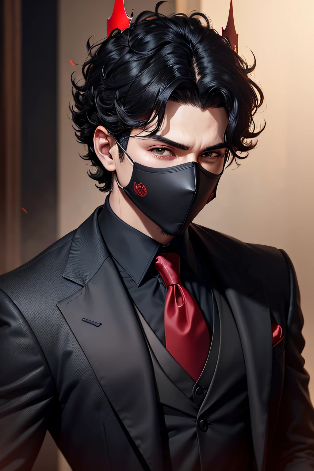 male character in black suit, red tie, crown on his head, black mask covering his entire face, short black curly hair, dark