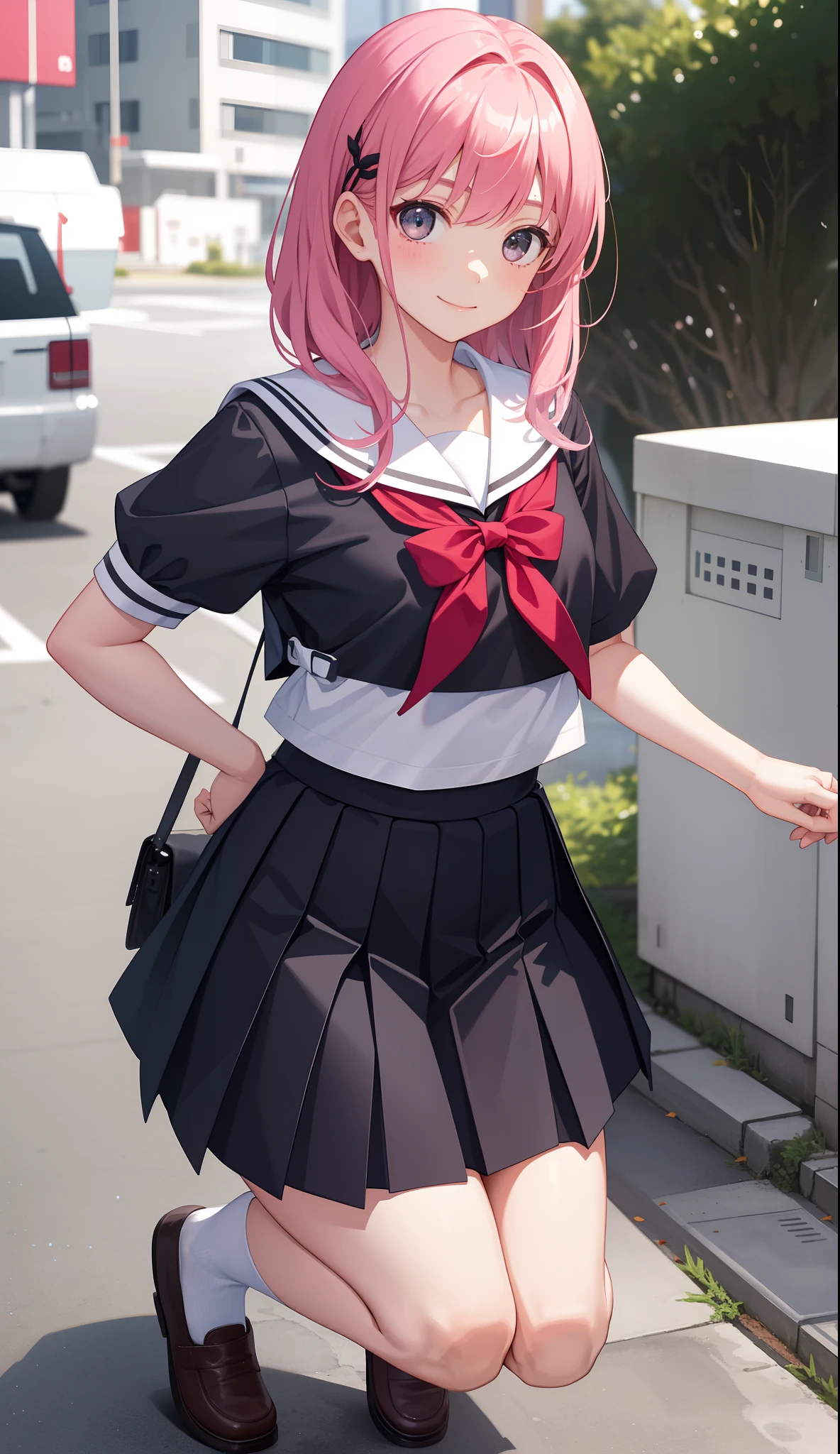 Anime, girl, teenage, hime-cut, short hair, black hair, red eyes, cool, earrings, walking around in the city, highlights pink under hair, big boob, sexy-cute, full-bodied, wearing a school uniform, holding a lollipop, hair clips, 