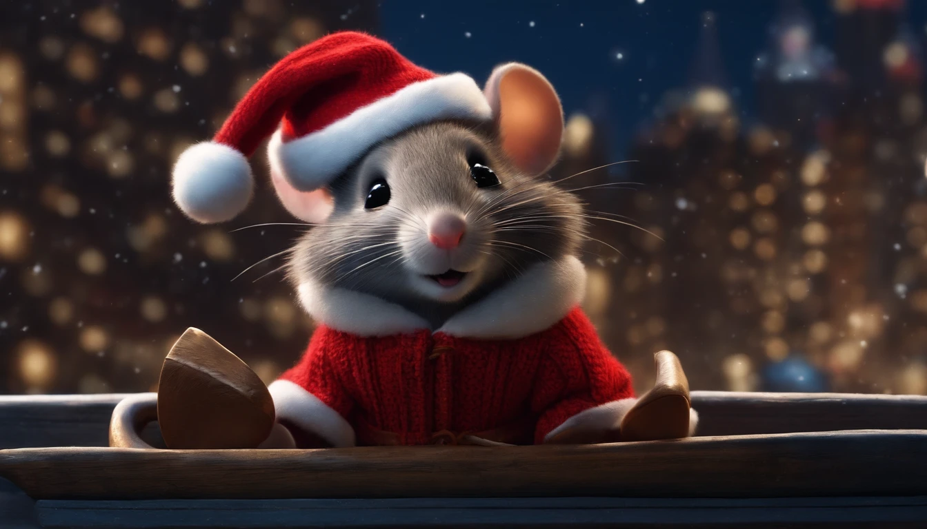 cute mouse in red sweater, sitting next to santa claus in his sleigh with reindeer the nightime new york city skyline in the background