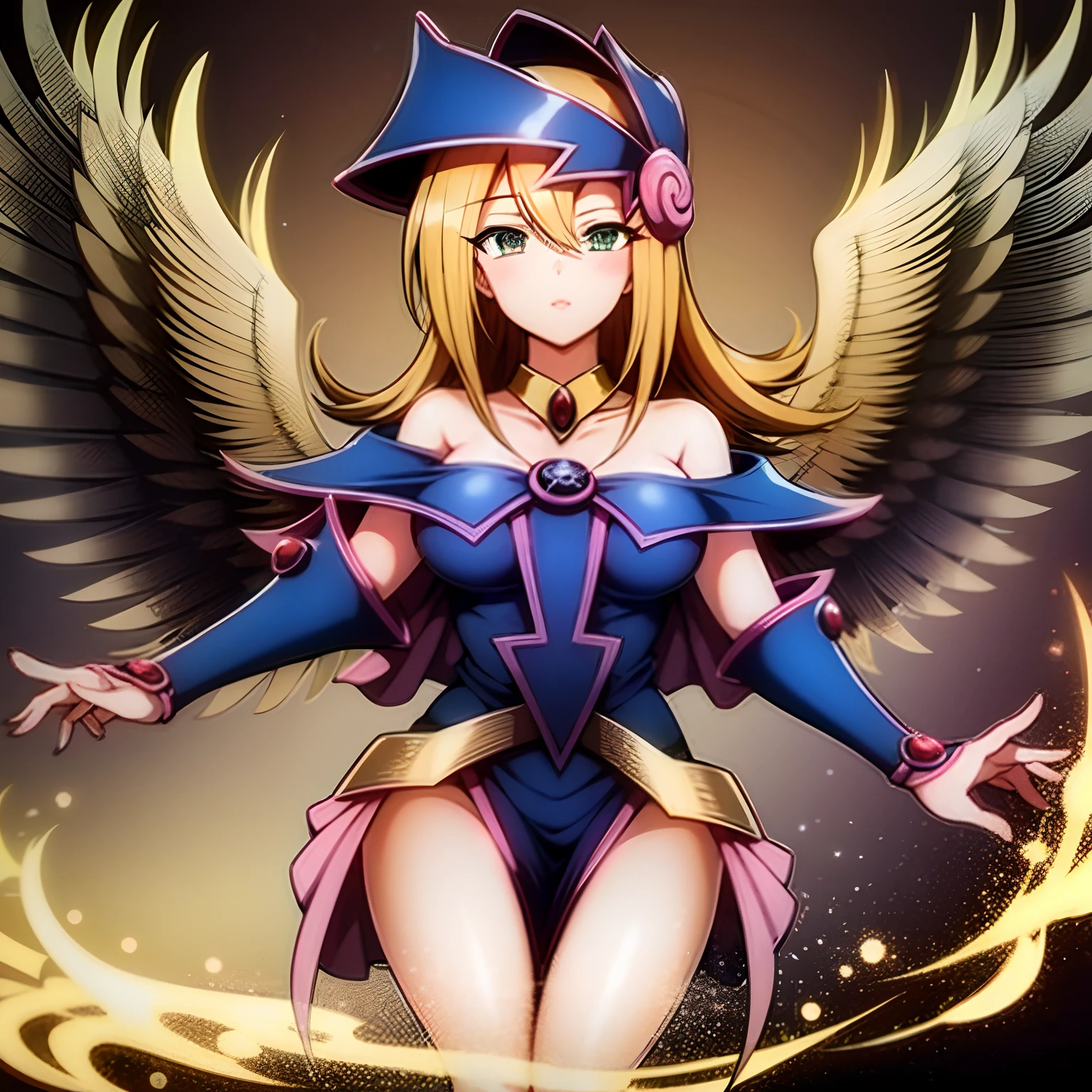 1. Mujel Dark Magician:2-Day Angel Edition:1 Spread your wings:3 in a coat of white feathers, Wings full of the back, glowing halo, Long flowing hair, Mechanical wings dancing delicately at the waist, Median number, Sunken navel, curtains of white feathers on the pelvis move slightly,, Mini wings splashing the body, Multiple wings with a yellow glow, Soft yellow fire between the wings. Beautiful black magician girl heavenly angel version.