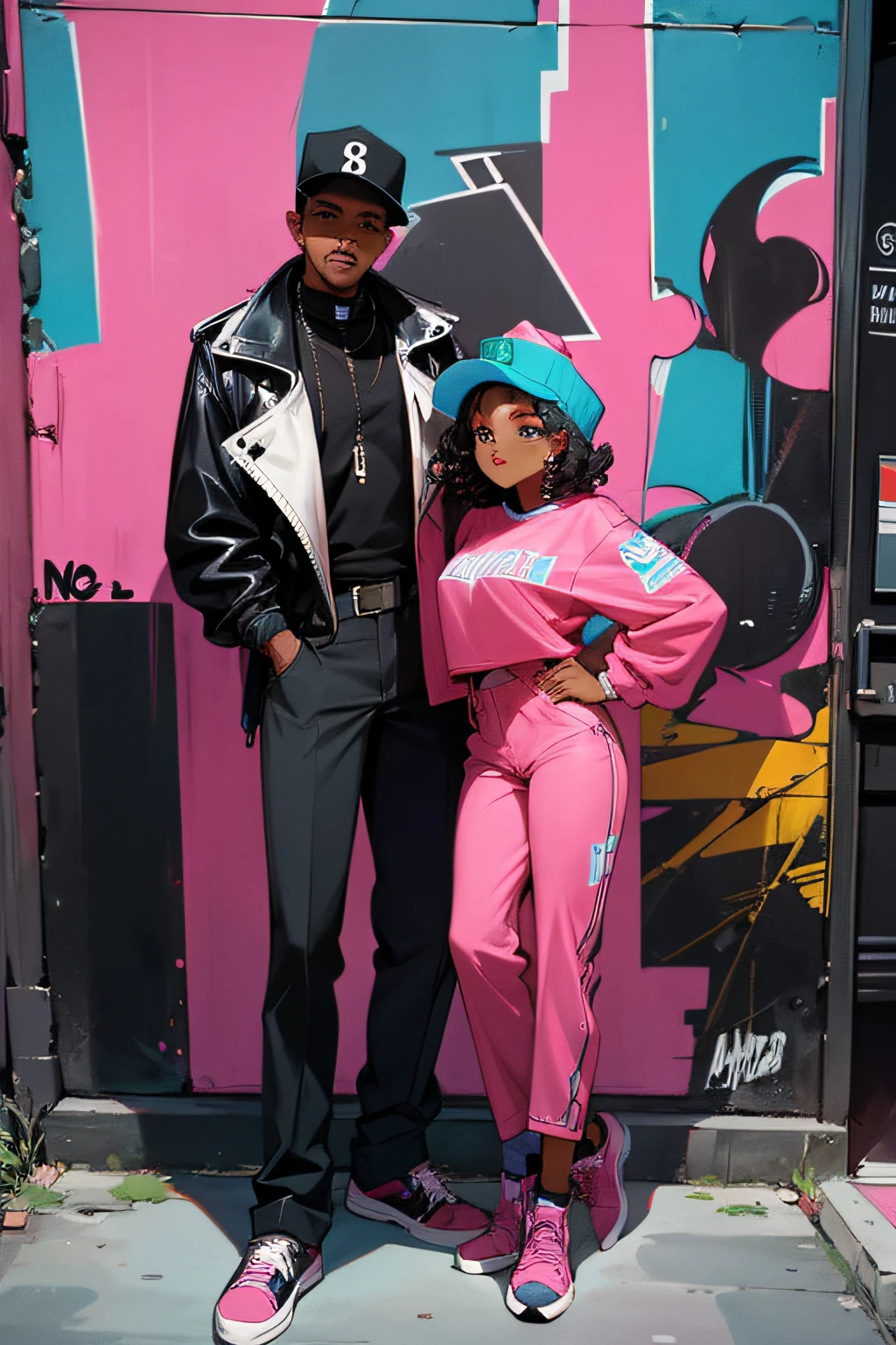 Black Man & Black Woman, 80s Hip Hop Fashion, Urban city with graffiti