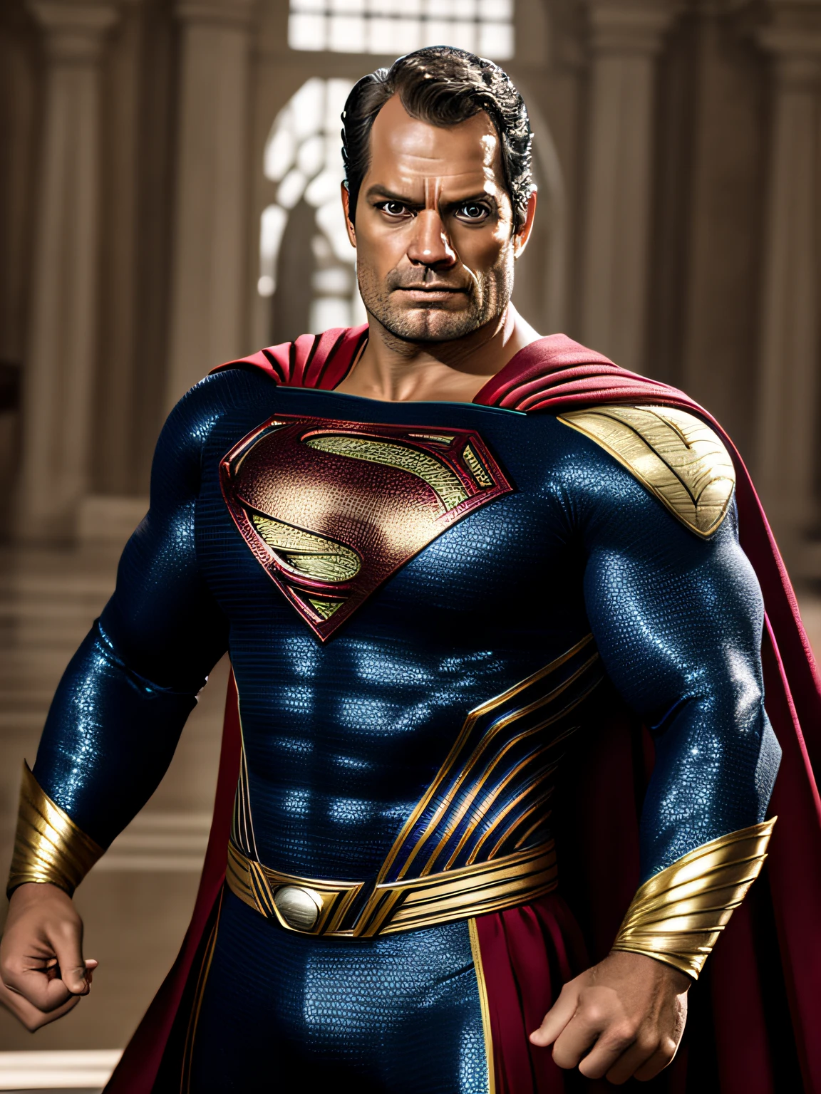 [Superman com Traje Dourado], [Pintura Digital], [Estilo Realista], [Mariana Realismo], [Pixiv], [Detailed resolution to show the costume in gold], [Cores douradas luxuosas], [epic stark lighting], [Fisheye lens to create a sense of grandeur]