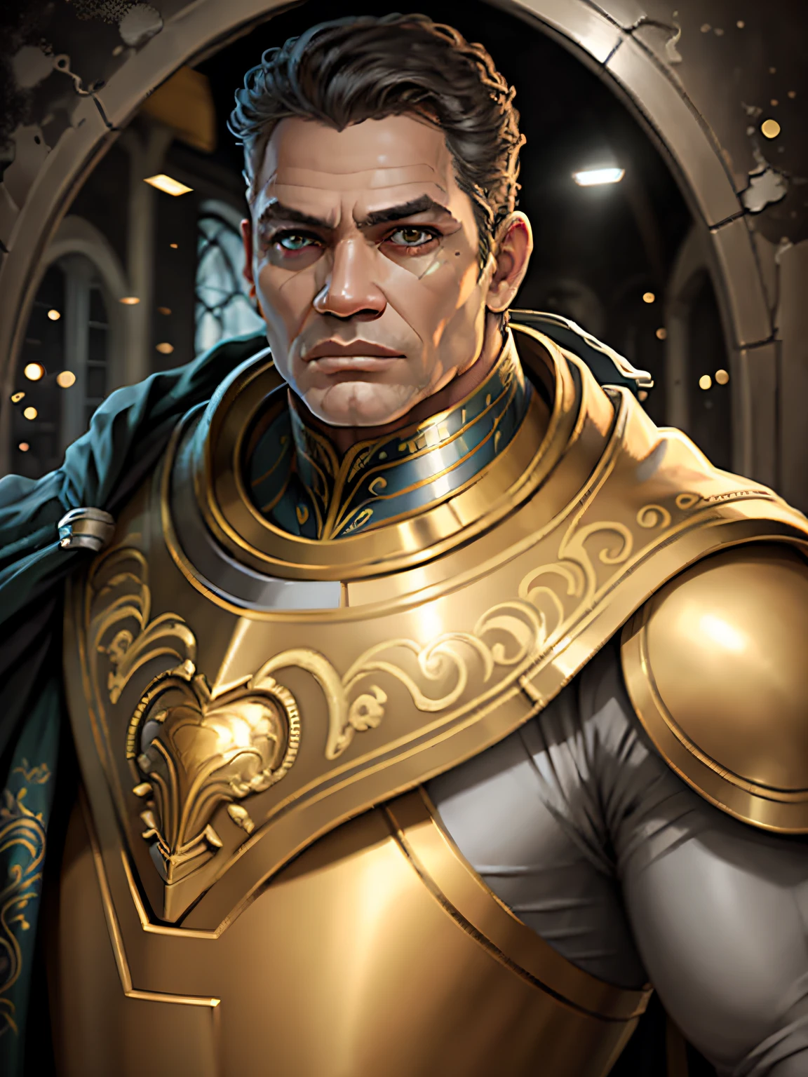 [Superman com Traje Dourado], [Pintura digital], [Estilo realista], [Realismo Mariana], [Pixiv], [Detailed resolution to show the costume in gold], [Cores douradas luxuosas], [epic stark lighting], [Fisheye lens to create a sense of grandeur]