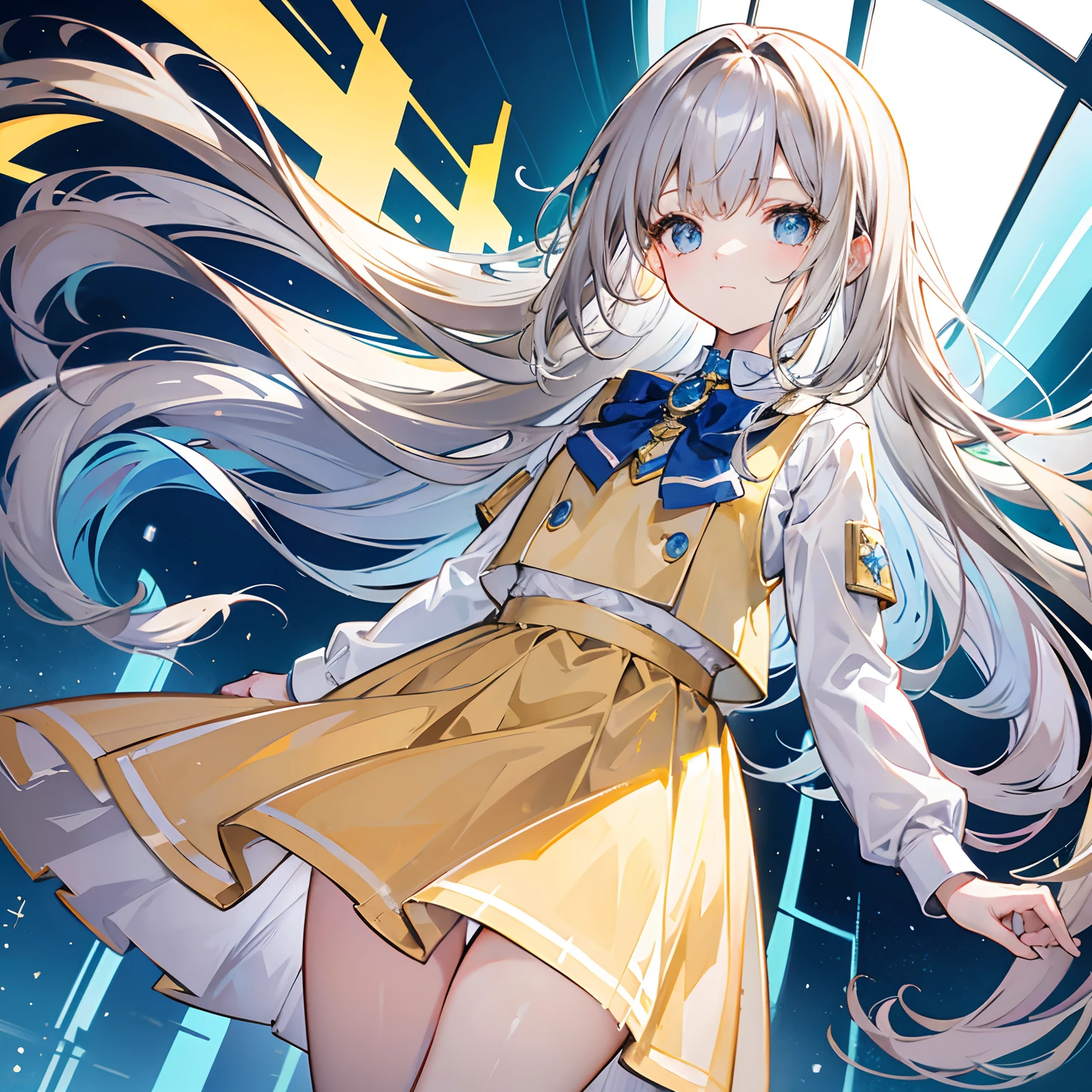 Glowing light brownish yellow with hair and pupils,Blue and white school uniforms,With a silver crystal pendant,Sweet girl,The whole is shining