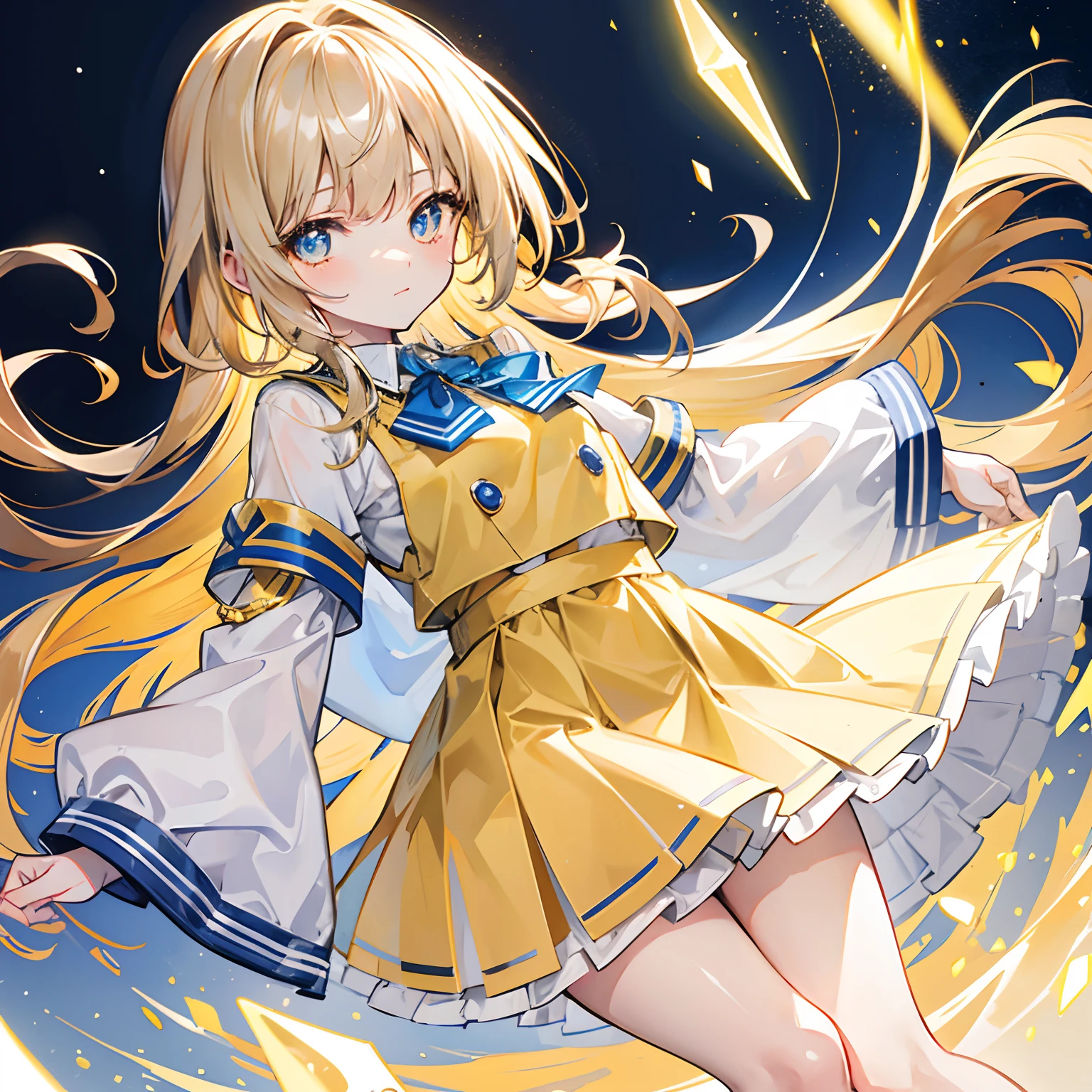 Glowing light brownish yellow with hair and pupils,Blue and white school uniforms,With a silver crystal pendant,Sweet loli girl,The whole is shining