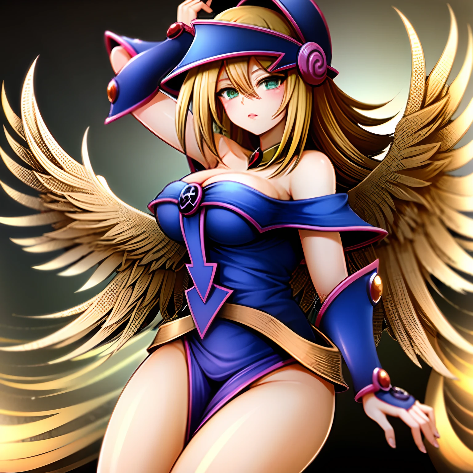 (Obra maestra:1.2), (La mejor calidad:1.2), Perfect lighting, Chica Maga Oscura lanzando un hechizo, flotando en el aire, tetas grandes, escote, fondo de magia. Corazones transparente en el hambiente, blue robe, sombrero grande, desde arriba, Destellos, Yugioh Card en el fondo