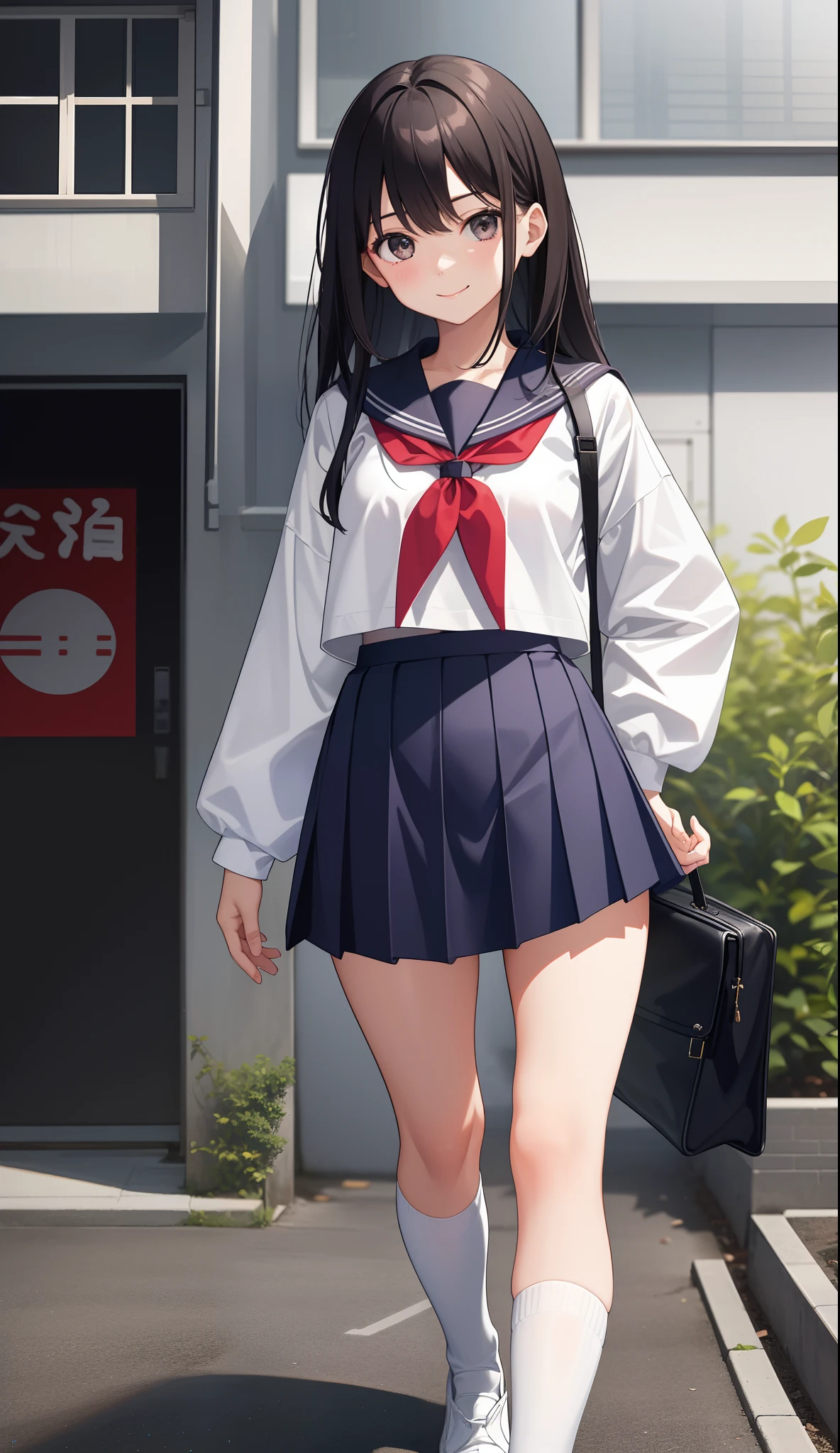 1girl in、AS-Adult、A smile、The shirt、skirt by the、(small tits)Japan High School、校服、serafuku、Walking with a thigh、Upper body portrait、crouching down、Panchira、