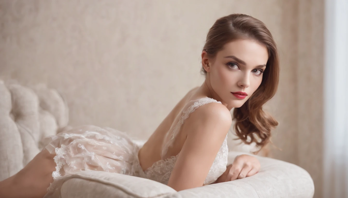 Slim maid with a beautiful face and big eyes, sensual lips, light hair pulled back in a ponytail. Long, slender supermodel legs and high-heeled shoes. Lying in a seductive pose on the sofa.