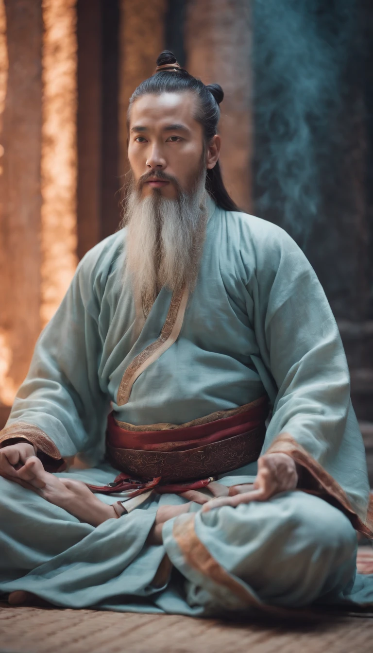 Young male Taoist leader in China,Long beard,Meditate cross-legged, at centre,Very bright colors,lunar backdrop, Light particles, with light glowing, Mshiv, wallpaper art, UHD wallpaper