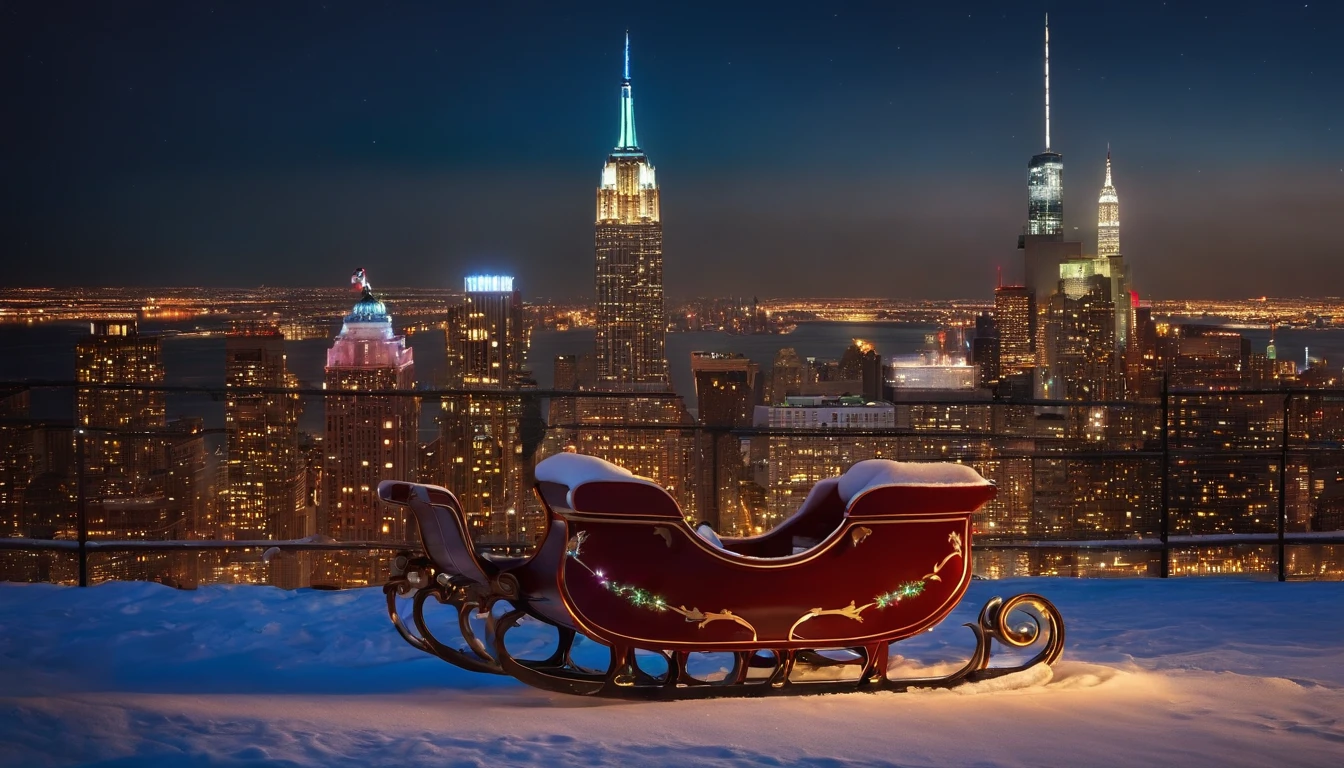santa sleigh, reindeer, new york city skyline in background at night