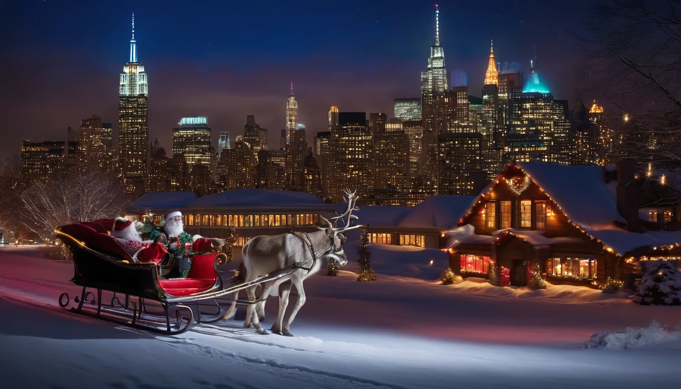 santa sleigh, reindeer, new york city skyline in background at night