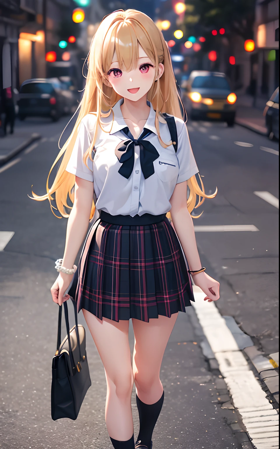 8K, masutepiece, hight resolution, More ridiculous, Natural Volumetric Lighting And Best Shadows, Deep Depth Of Field, Sharp Focus, Soft, Delicate, beautiful attractive face, Biscuit dolls, Anime style, kitagawa marin, 1girl in, :D, Full body, Pearl Bracelet, pearls, Black tie, Blonde hair, Blue skirt, blush, Bracelet, hand on own hip, Jewelry, Long hair, Watching Viewer, tie, Open mouth, checkered, plaid skirts, Red Eyes, School uniform, Shirt, plein air, Skirt, Smile, Solo, Standing, White background, White shirt, ultra color, Cute Pose
