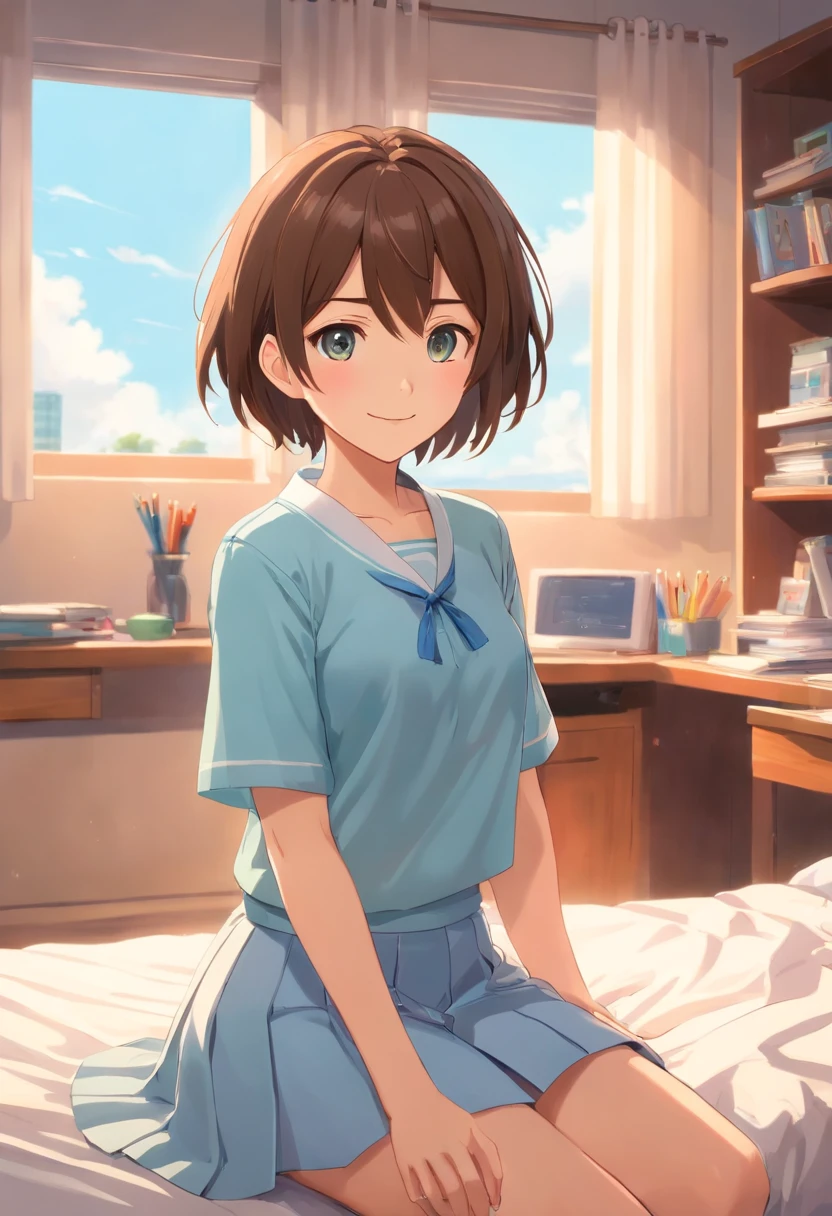 17 years old girl,It's a girl,Short bob hair,A smile,hi-school girl,Her own room,Brown hair,Sitting on the bed,Wearing a light blue blouse and a white skirt