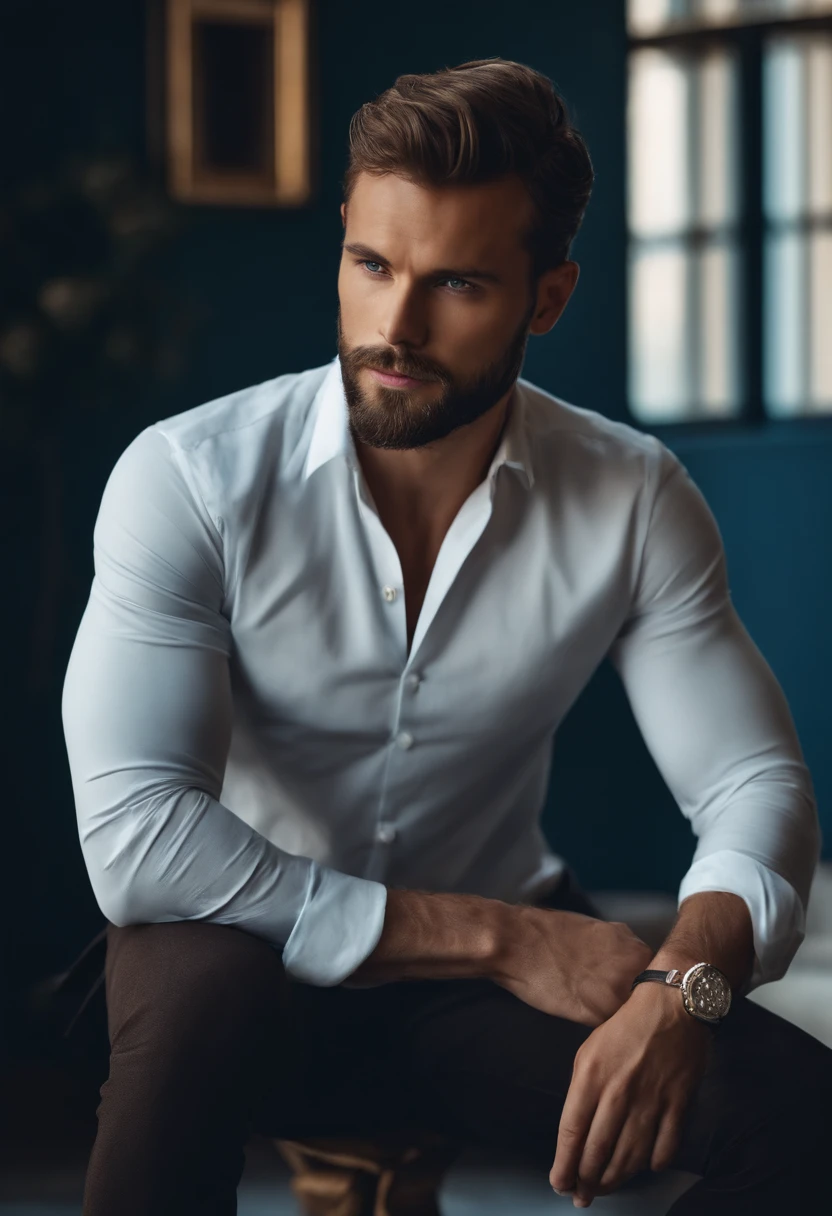 (Homem com roupa elegante), ), (usando barba longa e cheia,) (olhos azuis) (retrato) Attractive and serious look, Cabelos castanhos escuros, Elegante e elegante, e camiseta de corpo forte, Homem parecido com o ator Jamie Dornan, (imagem realista e de alta qualidade), in the background Scandinavian apartment with design furniture and with blue wall color in the background, ((best quality, 8k, master part).