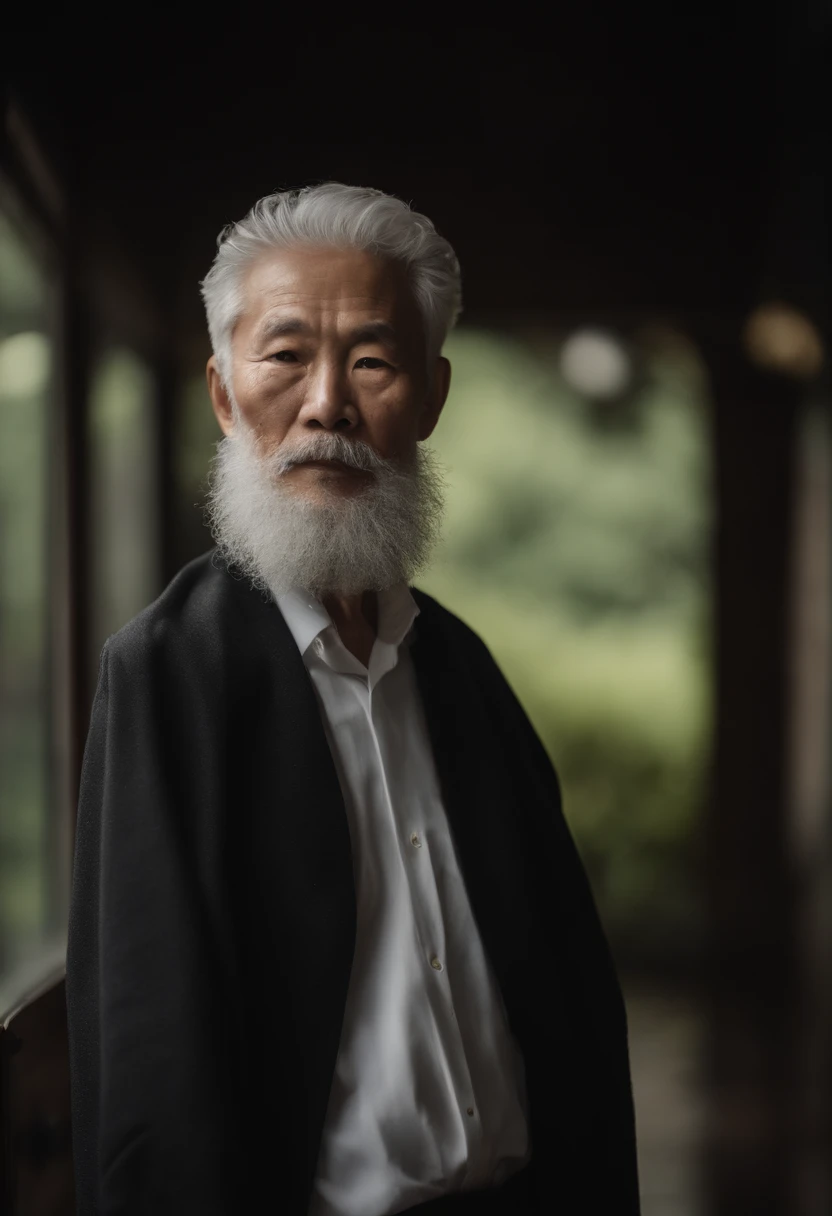 Cinematic portrait , An 80-year-old Asian male,Thin and thin, (80 years:1.1), (shaved pubic hair:1.2), (very short white hair,A little curly:1.5),(Long beard:1.6).Dark coat, white shirt . Minimalist background, Own composition, detalhe poderoso, Autumn background,the soft light, hasselblatt, RAW style