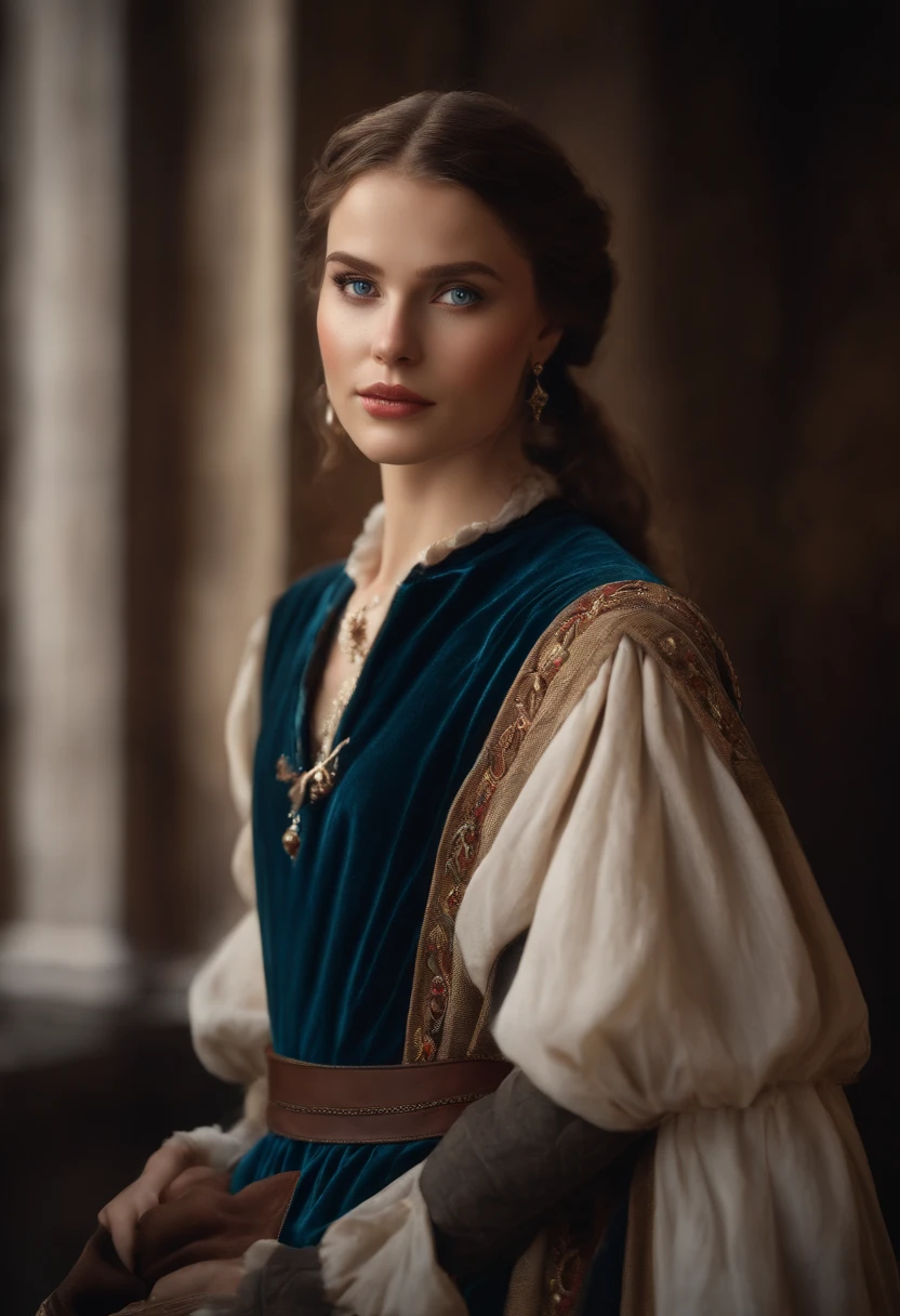 (best quality,4k,8k,highres,masterpiece:1.2),ultra-detailed,realistic:1.37,portrait,brown hair,blue eyes,white skin,medieval clothing,detailed facial features,beautiful lips,gorgeous eyes,stunning expression,retro style,soft lighting,vibrant colors