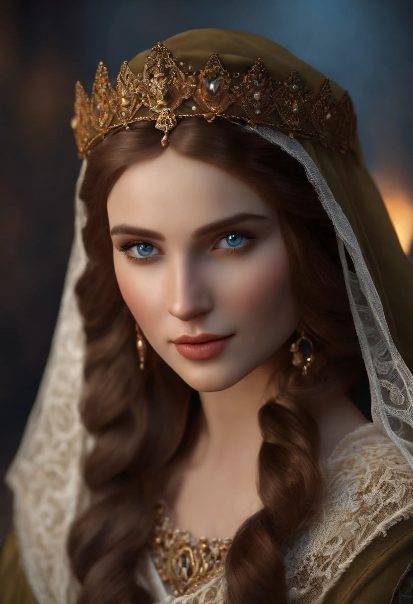 (best quality,4k,8k,highres,masterpiece:1.2),ultra-detailed,realistic:1.37,portrait,brown hair,blue eyes,white skin,medieval clothing,detailed facial features,beautiful lips,gorgeous eyes,stunning expression,retro style,soft lighting,vibrant colors