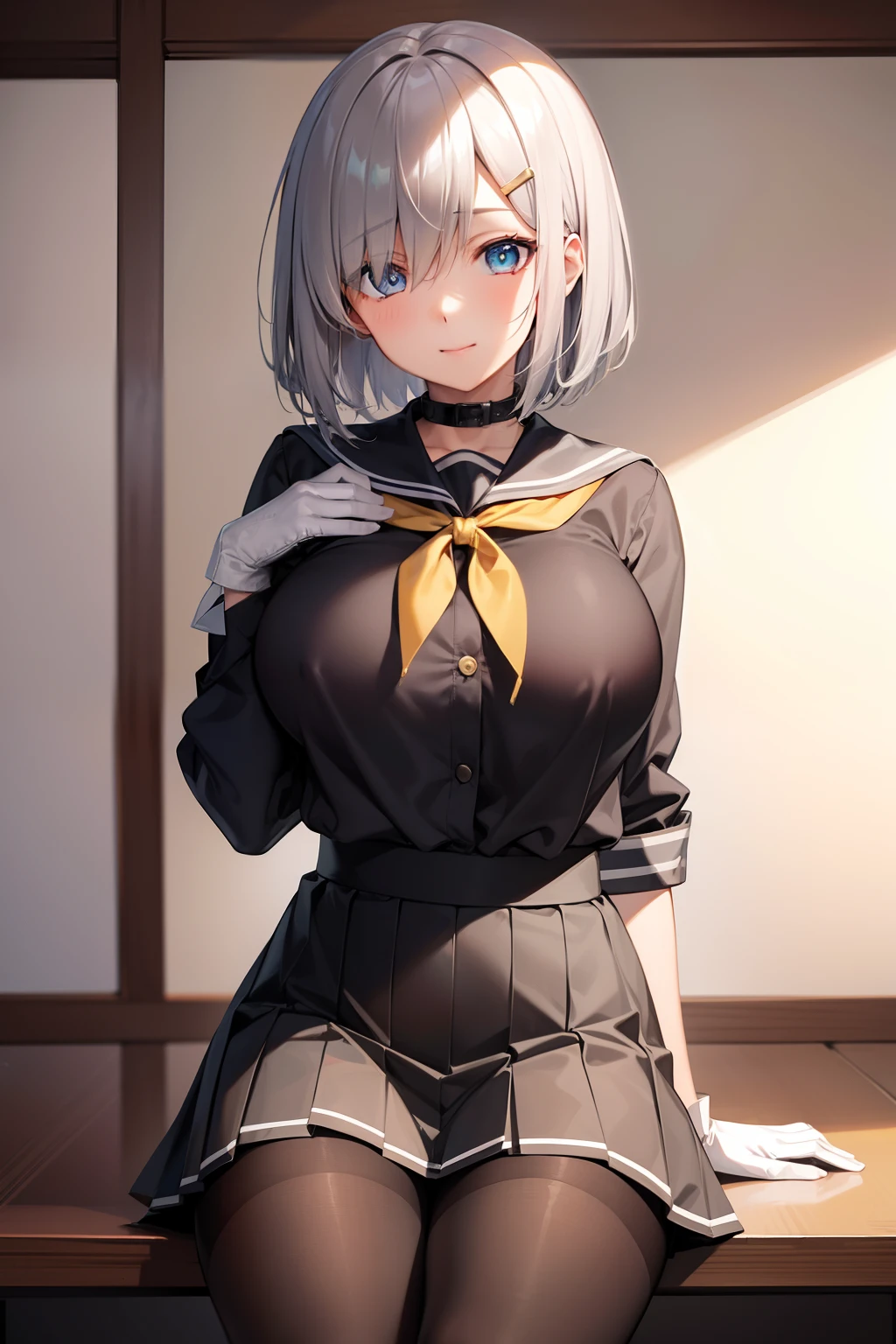 Hamakaze, Hamakaze, Blue eyes, Grey Hair, Hair Ornament, Hair over one eye, hair clips, Short hair, Short hair,BREAK black pantyhose, buttoning, gloves, grey sailor collar, grey skirt, hair clips, neckerchief, pantyhose, Pleated skirt, Sailor collar, School uniform, serafuku, Skirt, White Gloves, Yellow neckerchief,Naughty big、large full breasts、BREAK looking at viewer,BREAK (masutepiece:1.2), Best Quality, High resolution, Unity 8k壁纸, (Illustration:0.8), (Beautiful detailed eyes:1.6), extra detailed face, Perfect Lighting, extremely details CG, (Perfect hands, Perfect Anatomy),a smile、outside of house、harbour、aboard