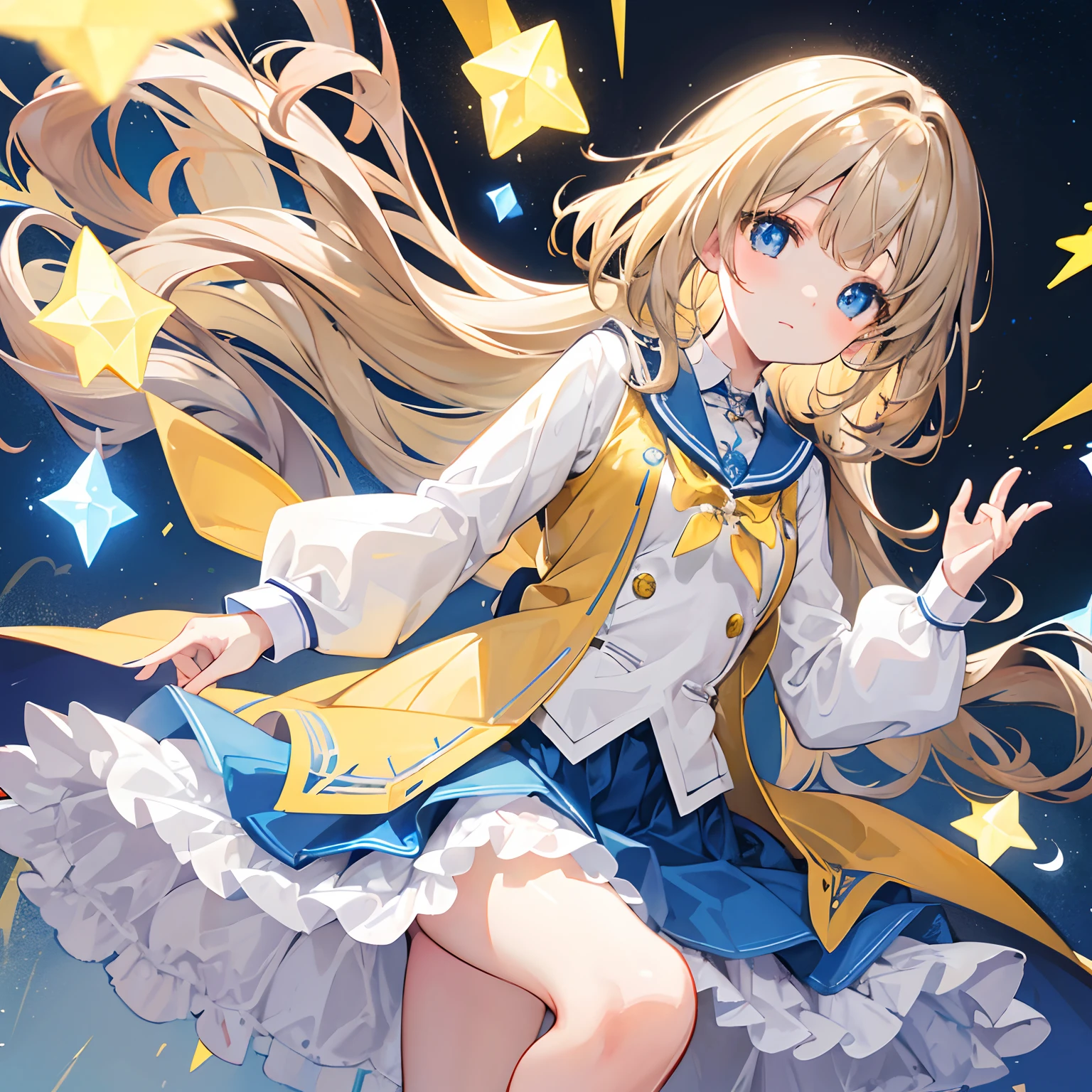 Glowing light brownish yellow with hair and pupils,Blue and white school uniforms,With a silver crystal pendant,Sweet loli girl,The whole is shining