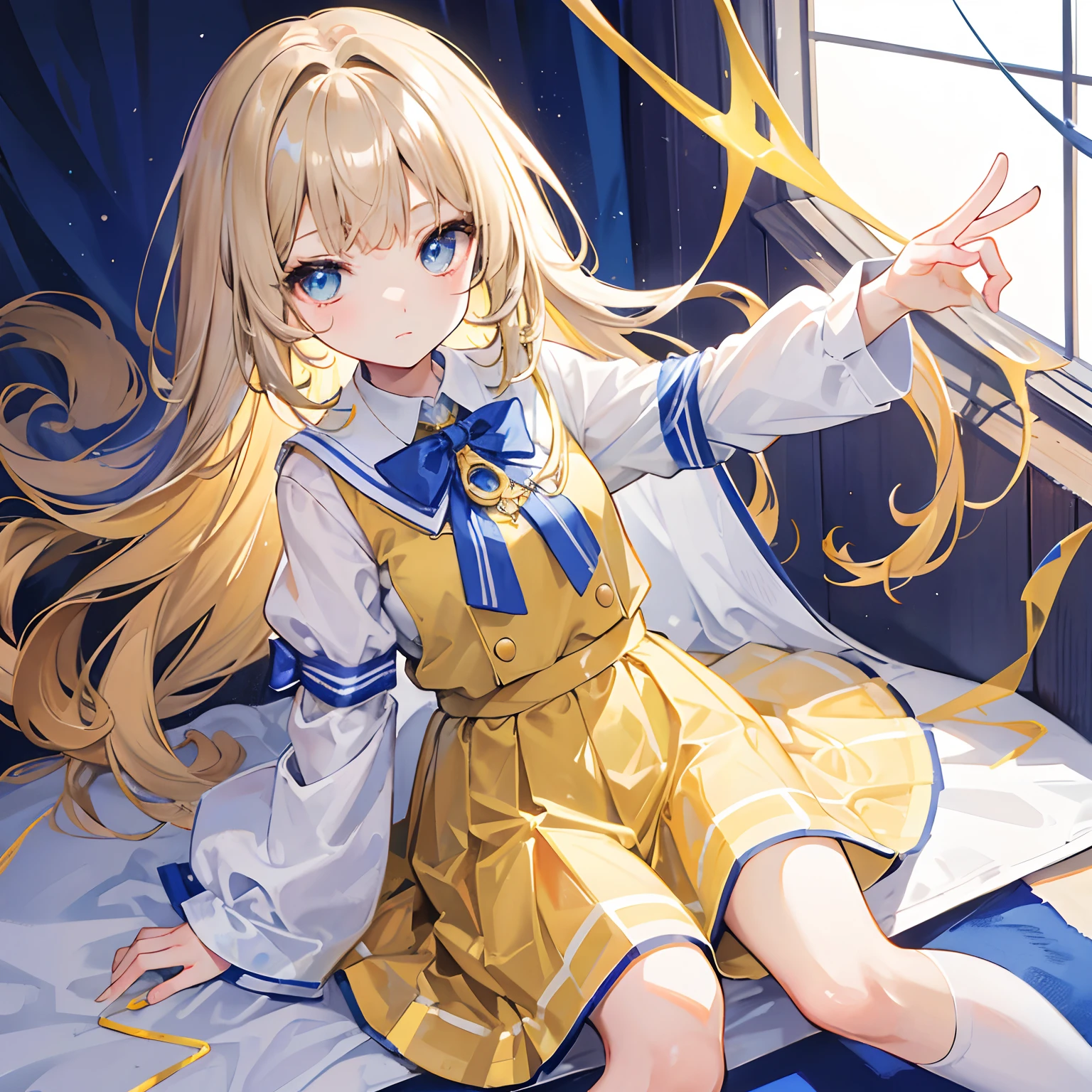 Glowing light brownish yellow with hair and pupils,Blue and white school uniforms,With a silver crystal pendant,Sweet loli girl,The whole is shining