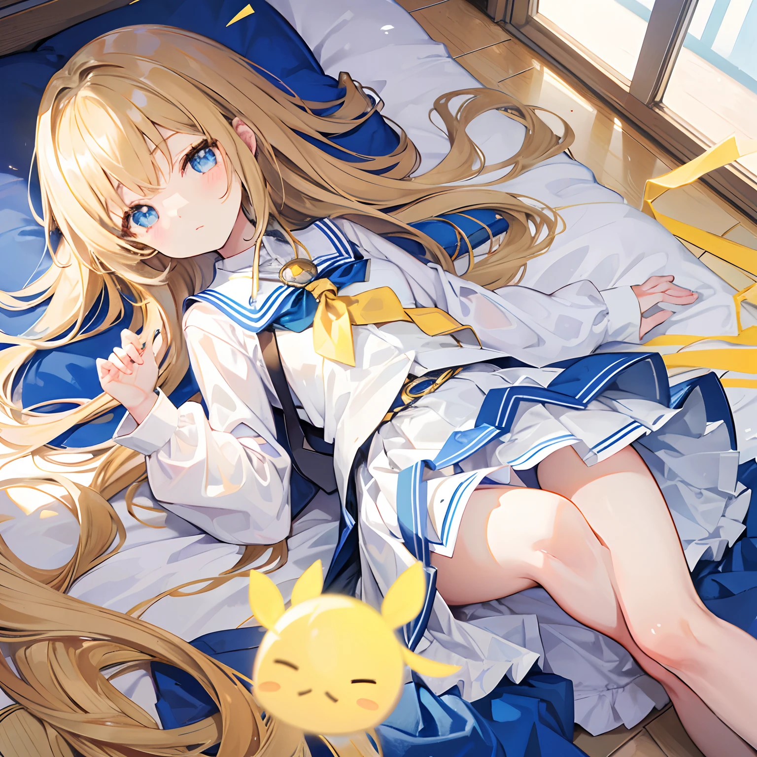 Glowing light brownish yellow with hair and pupils,Blue and white school uniforms,With a silver crystal pendant,Sweet girl,The whole is shining