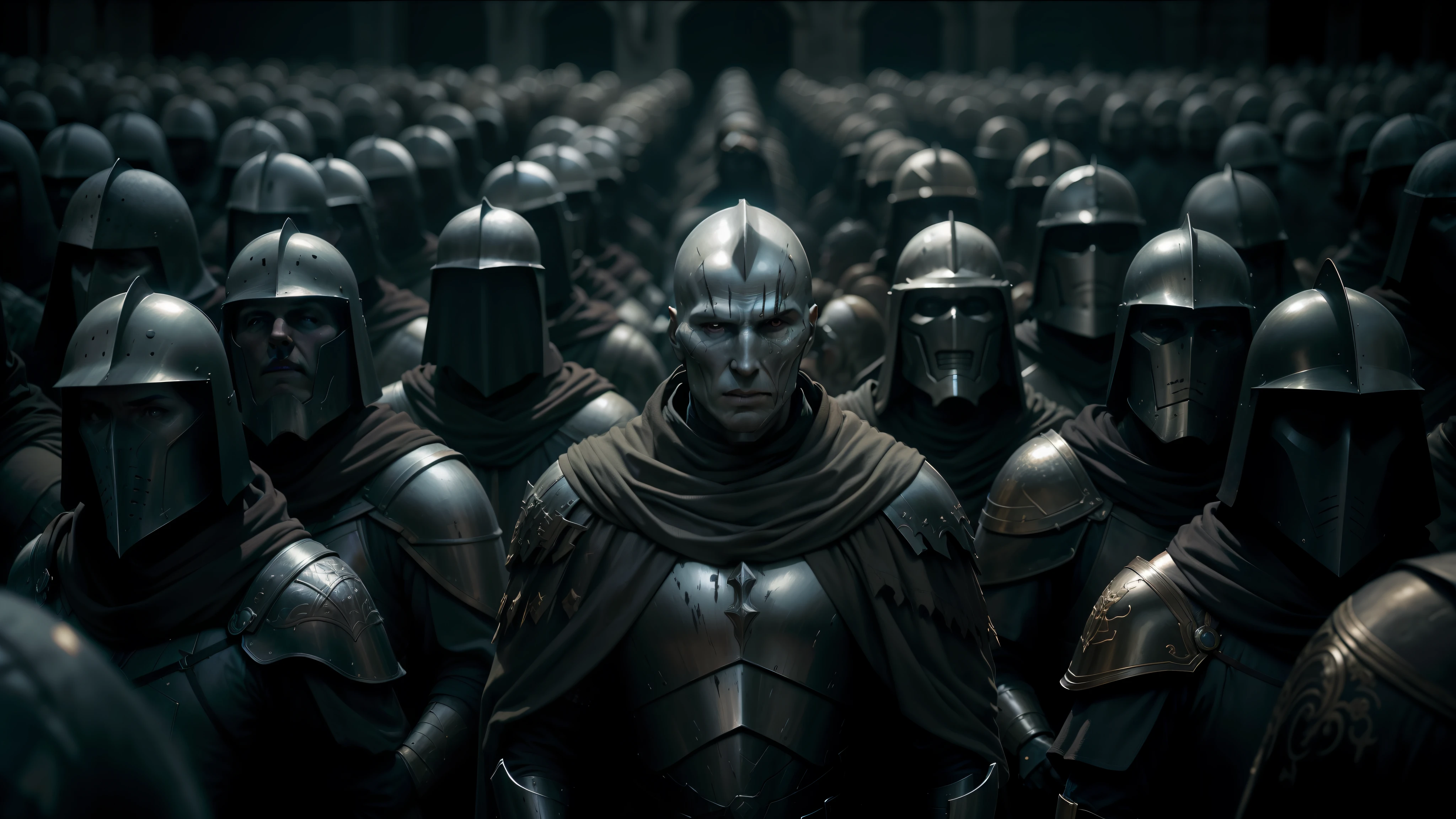 a close up of a group of people wearing armor and helmets, film still of voldemort, lecouffe deharme, pilgrimage, giant crowd, silver insignia, morningstar, full faces, member of the endless