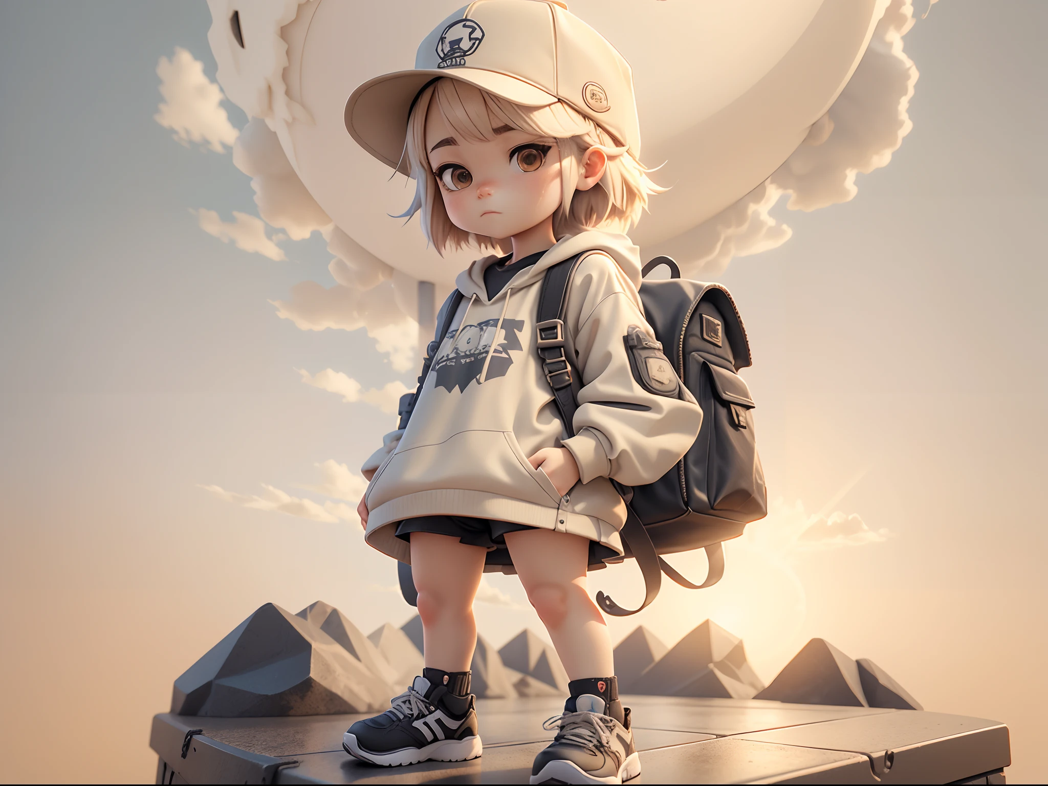 Realistic anime 3 D style, 。.。.3D，blindbox，（（Side of the miniature model），There was a little girl standing,） Grim expression，Light-colored hair，Cool clothes，backpacks, bucket-hat，Clean background。(full bodyesbian, including legs: 1.5)。