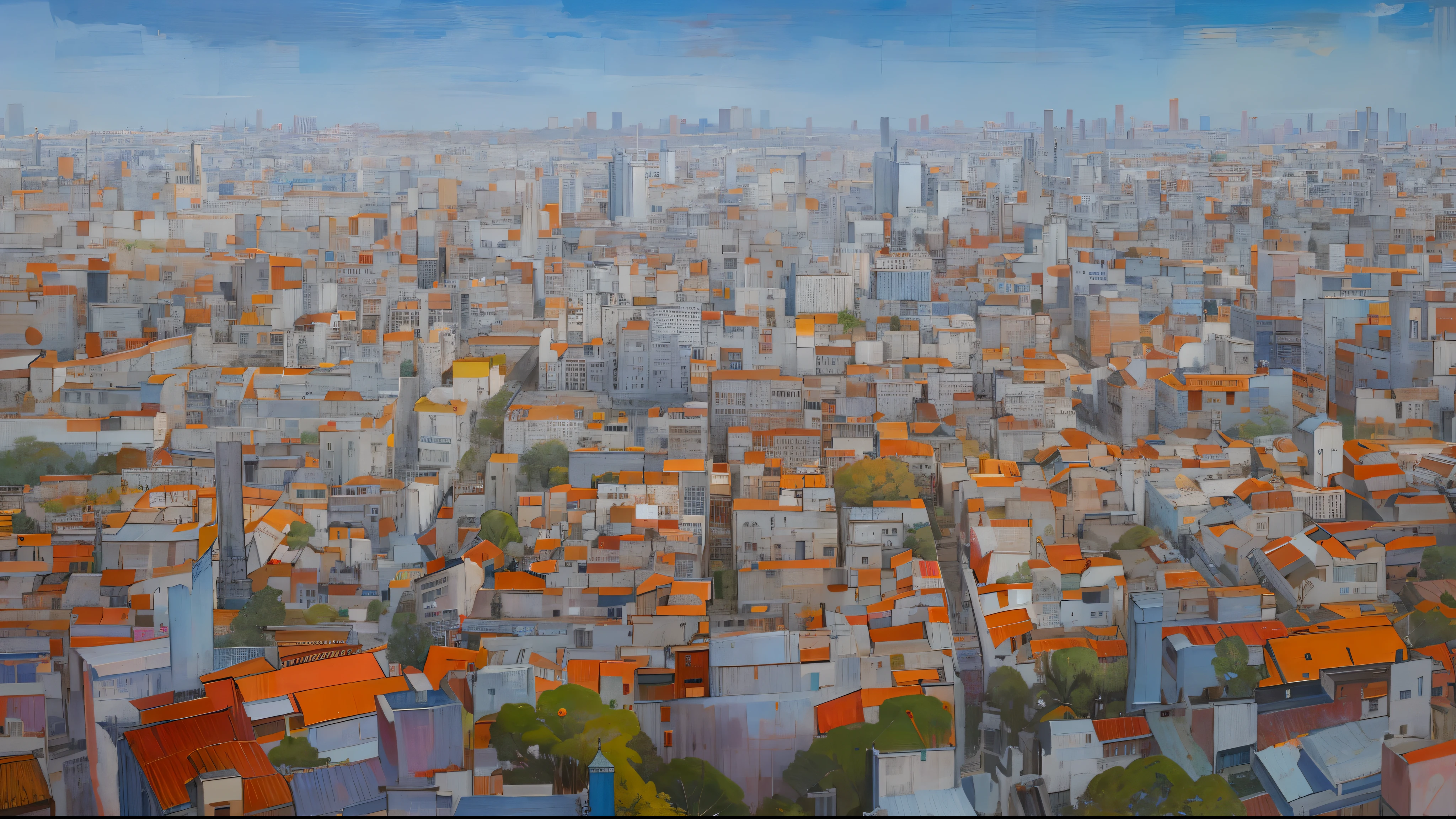 painting of a city with a lot of buildings and trees, by Luis Enrique Camej, day cityscape, city landscape, by Santiago Martínez Delgado, city scape, by Francisco Zúñiga, raphaël, by Juan Giménez, by Hugo Sánchez Bonilla, realistic painting of a complex, expansive detailed layered city