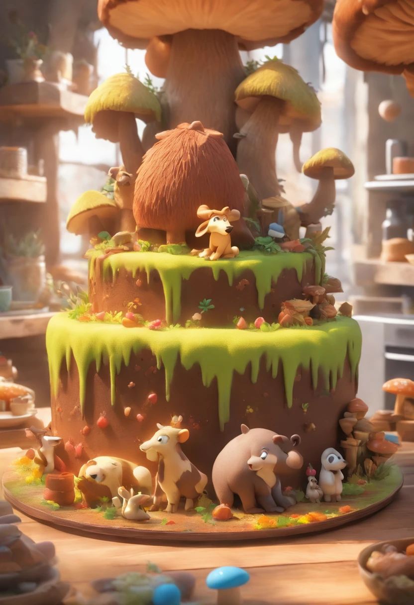 Scratch the ice age on a chocolate cake in a mushroom decoration, with a fridge in the decor, avec un grand mur en brique, un oeuf sur un lit et un chien