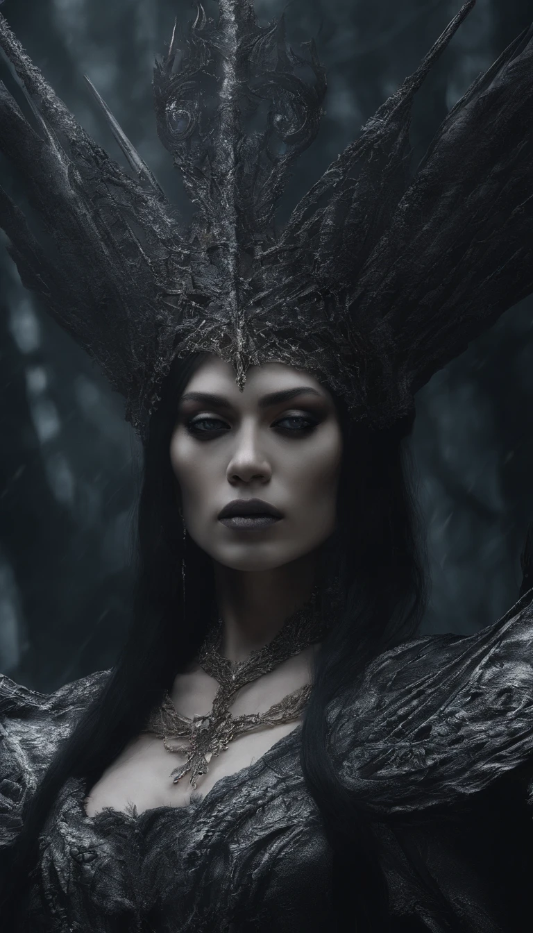curar, Deusa da morte, nordic mythology, Scarlet sorceress with a tiara with several blades on her head, colar de caveiras, Arte em estilo Guviz, Ross Tran 8 K, uma bela imperatriz fantasia, 8k arte detalhada de alta qualidade, Arte digital altamente detalhada em 4k, Retrato da rainha das trevas, wielding several pointed swords, Fundo de cinzas e fogo, pequenos pontos de brasa quente ao fundo, Vestido composto por caveiras e laminas,