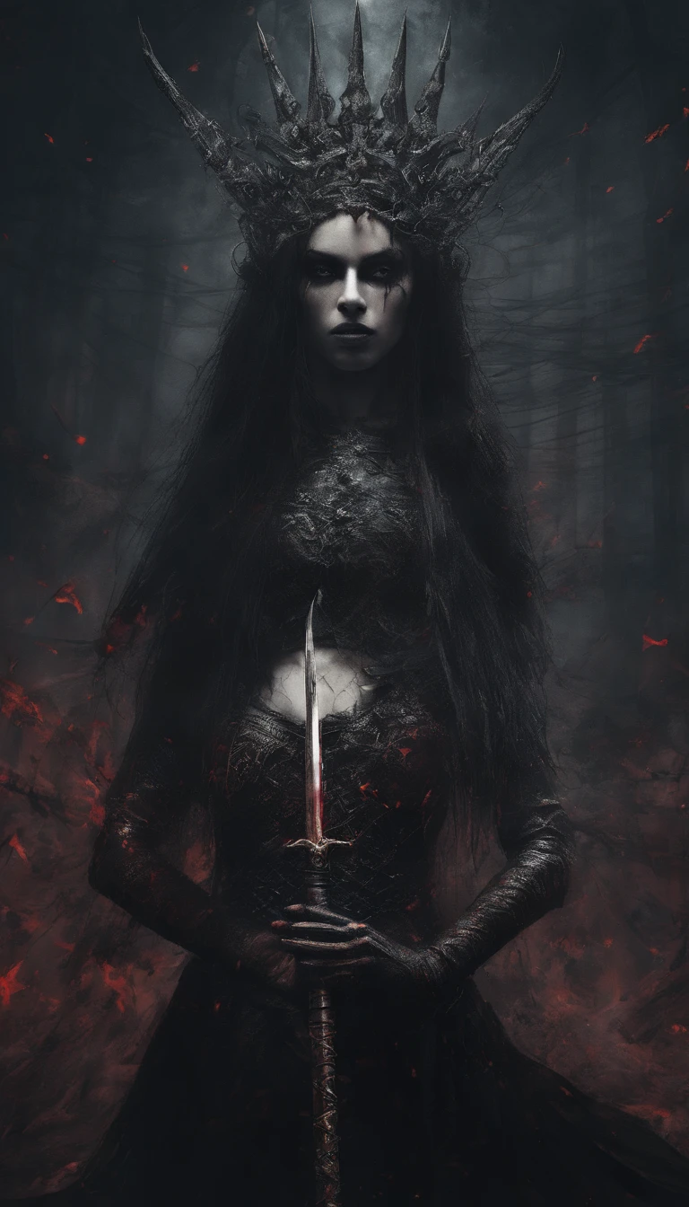 curar, Deusa da morte, nordic mythology, Scarlet sorceress with a tiara with several blades on her head, colar de caveiras, Arte em estilo Guviz, Ross Tran 8 K, uma bela imperatriz fantasia, 8k arte detalhada de alta qualidade, Arte digital altamente detalhada em 4k, Retrato da rainha das trevas, wielding several pointed swords, Fundo de cinzas e fogo, pequenos pontos de brasa quente ao fundo, Vestido composto por caveiras e laminas,