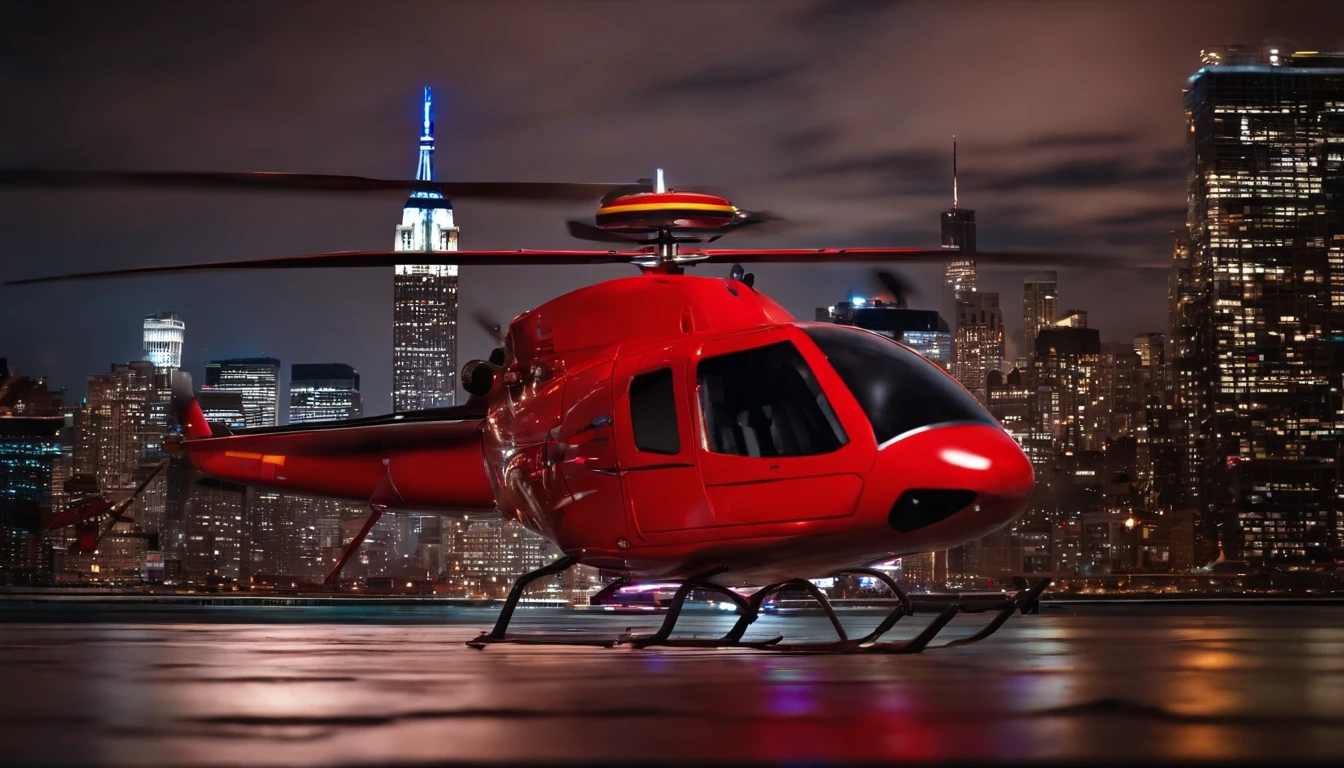 red toy helicopter on ground, new york sity skyline at night in the background
