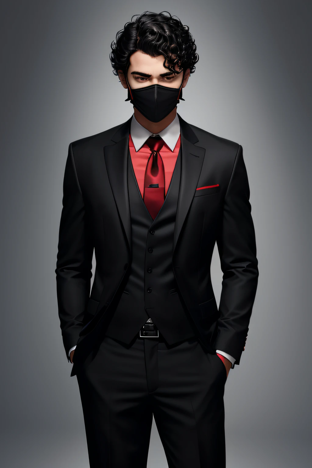 male character in a black suit, red tie, black mask covering his entire face, short black curly hair, dark