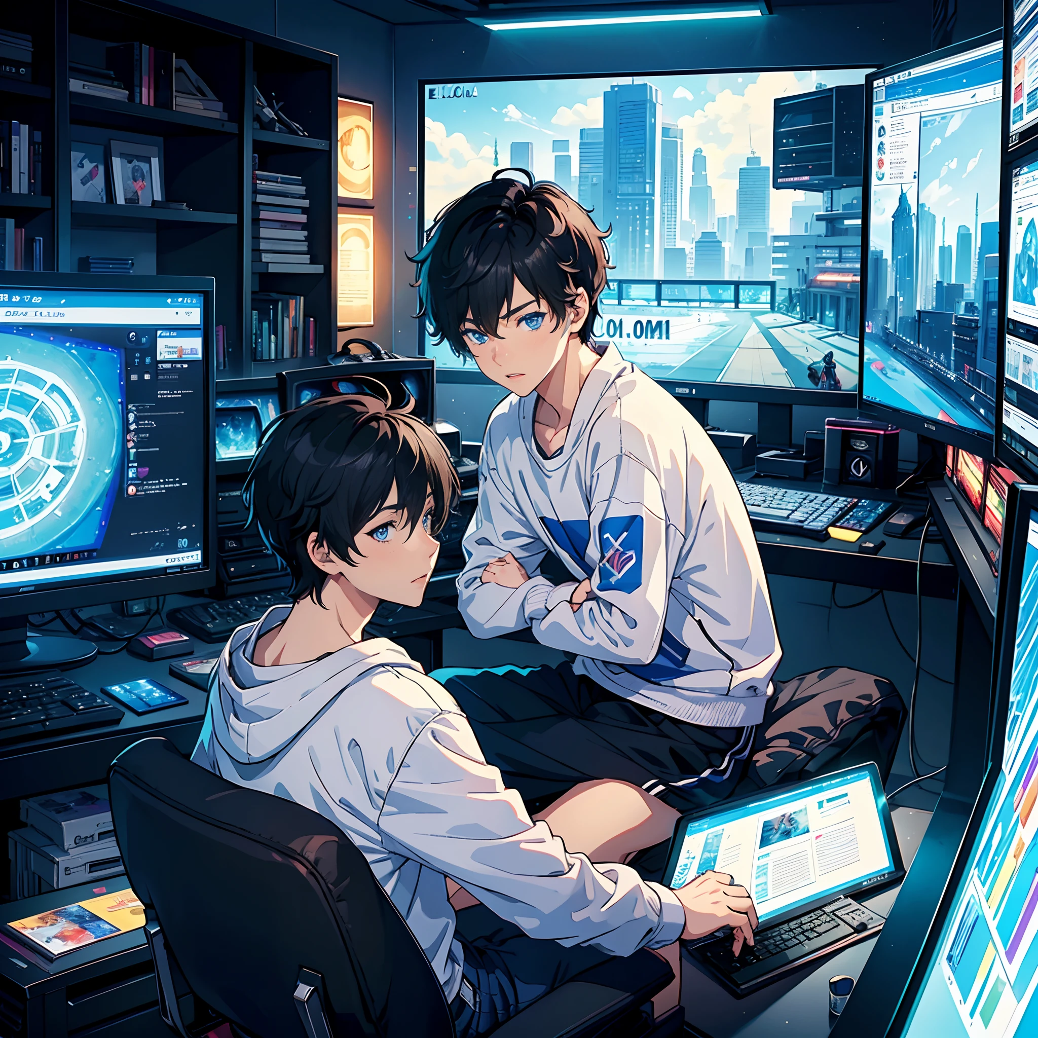 Best Quality: 1.0), (超A high resolution: 1.0), 2boy,gay relationship,Anime Boy, Short black hair, Blue eyes, Sit in front of the computer and play games, background in the esports room,